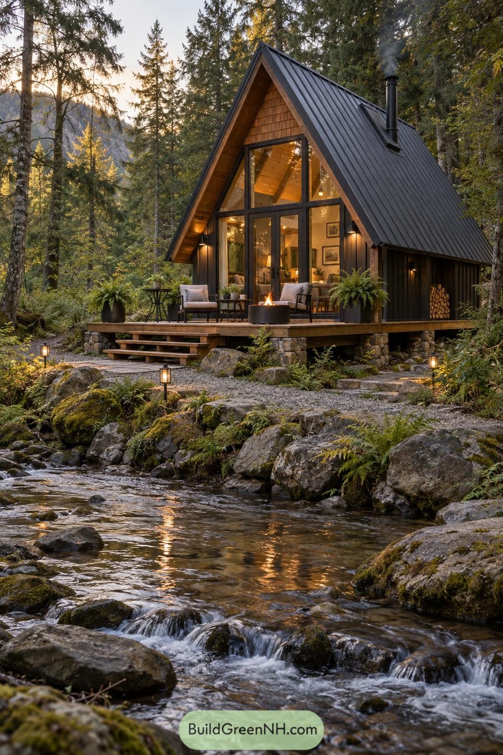 Black A frame cabin beside a rocky forest stream