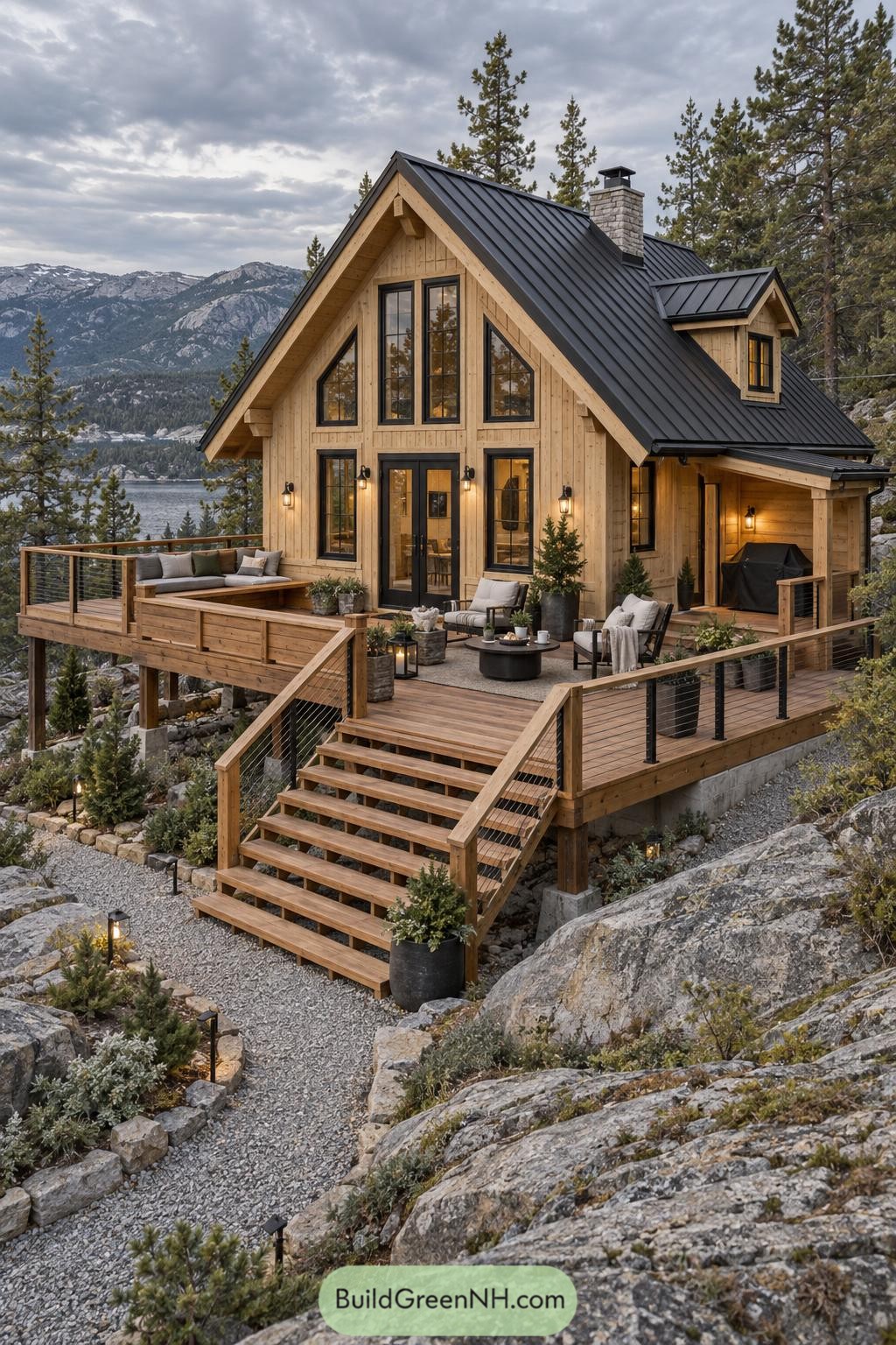 Timber chalet with deck overlooking a mountain lake