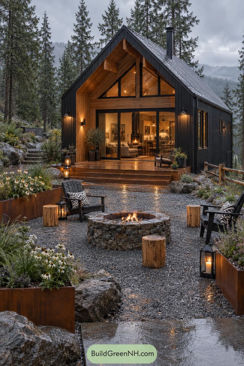 Black Gabled cabin with cedar entry and stone fire pit