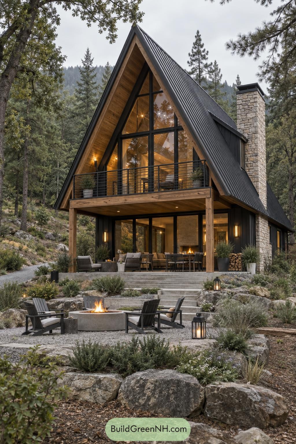 Modern A frame cabin with stone chimney and fire pit