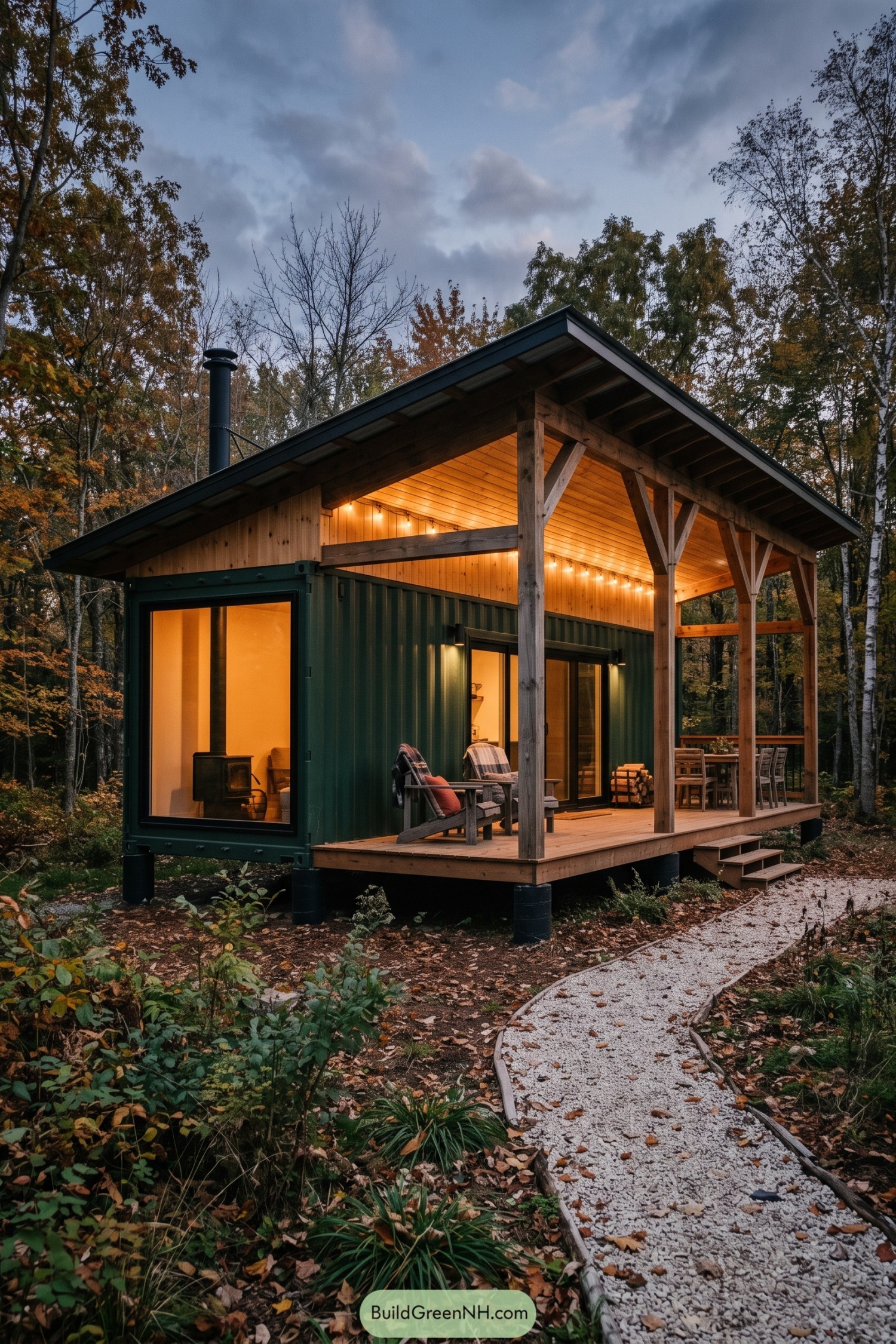Green container cabin with a timber covered porch in autumn woods