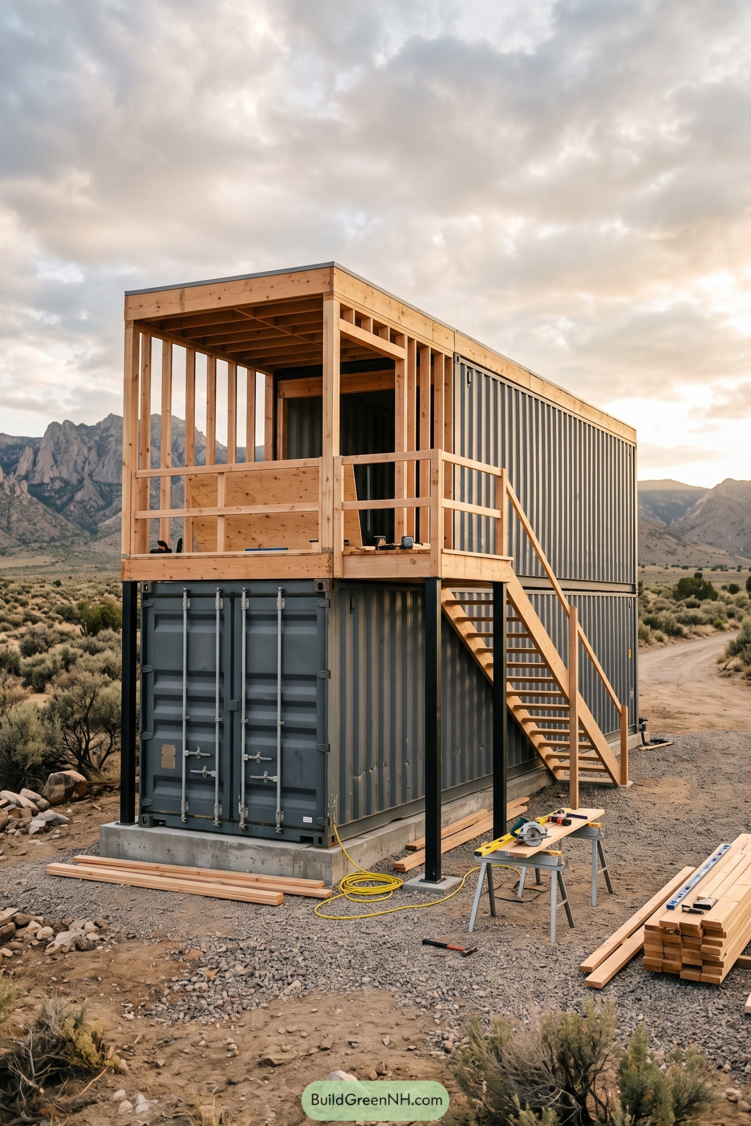 Two Gray Containers With Timber Upper Deck And Stair