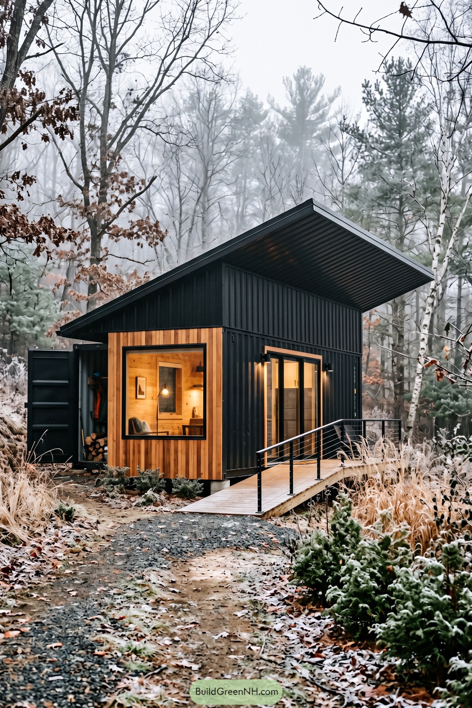 Black container cabin with cedar cladding and a sloped roof in a frosty forest