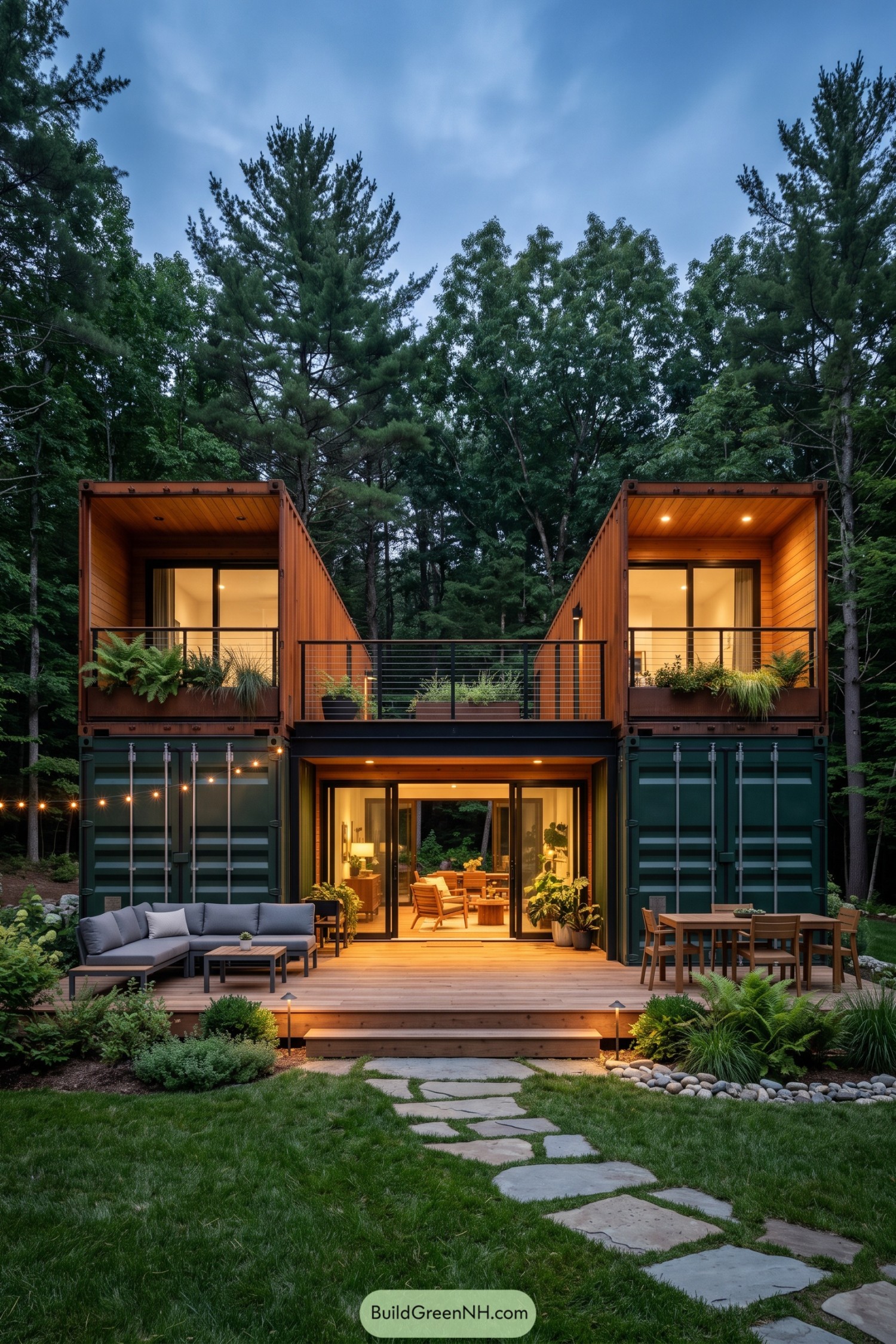 Two-story container duplex with rooftop planters and timber deck