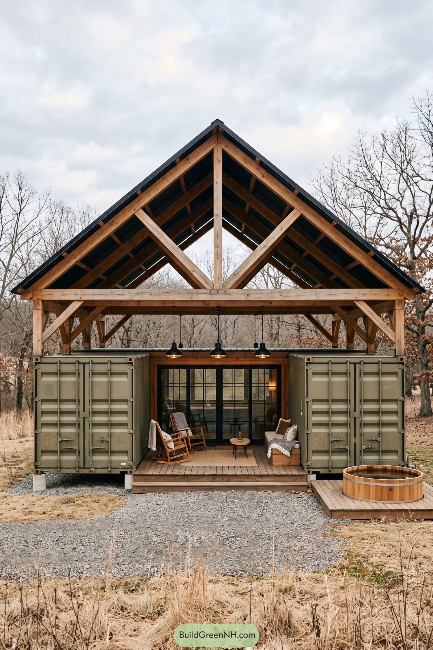 Green container home with timber gable roof and hot tub