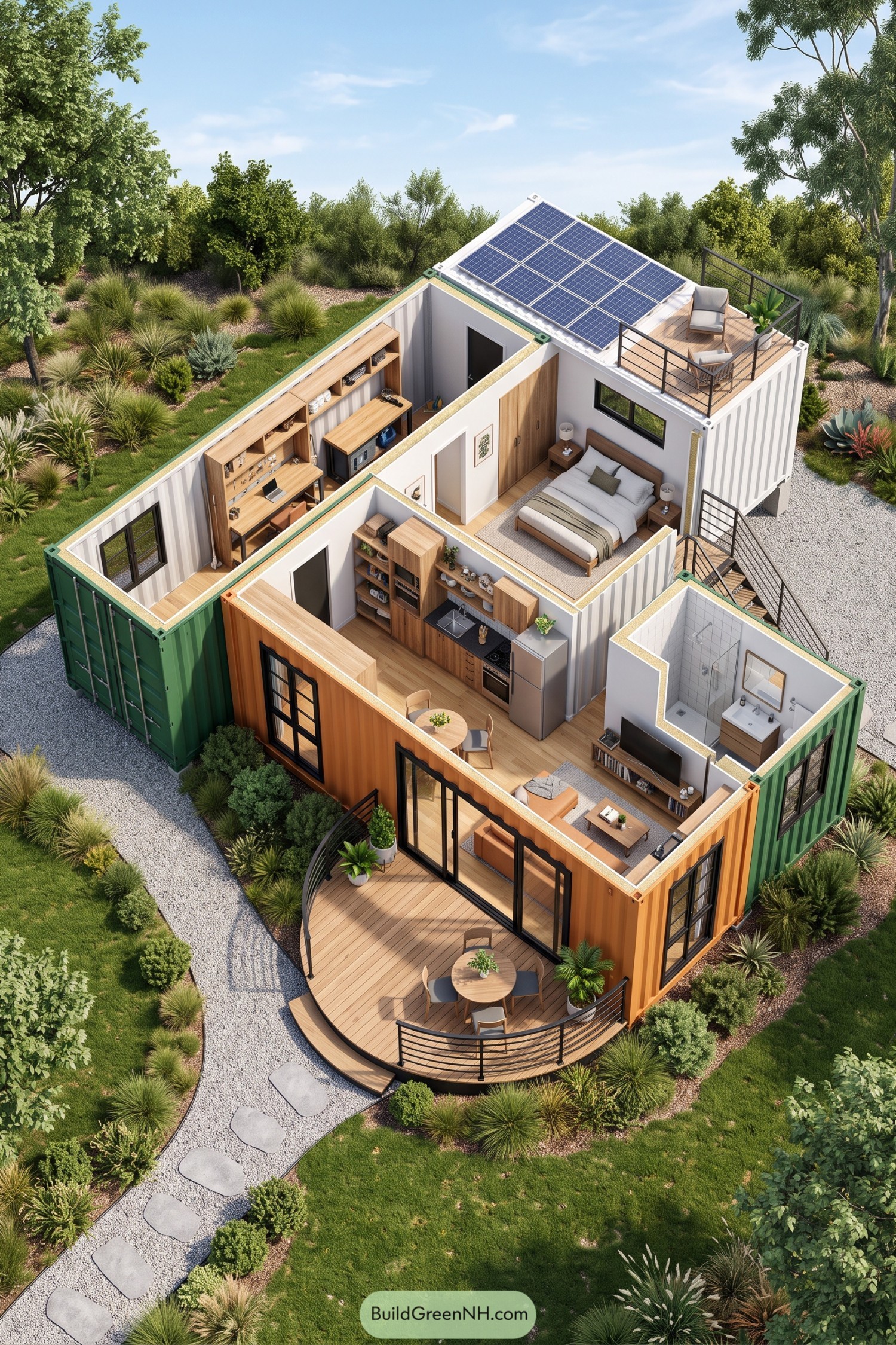 Green and orange container home with rooftop solar terrace