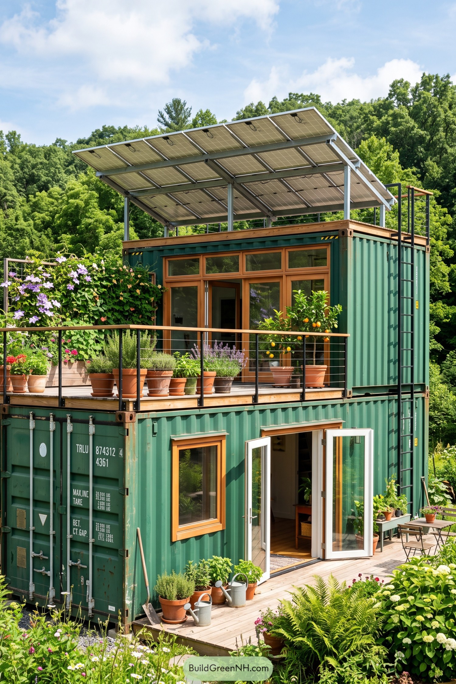 Two green shipping containers with rooftop solar canopy and planted terraces
