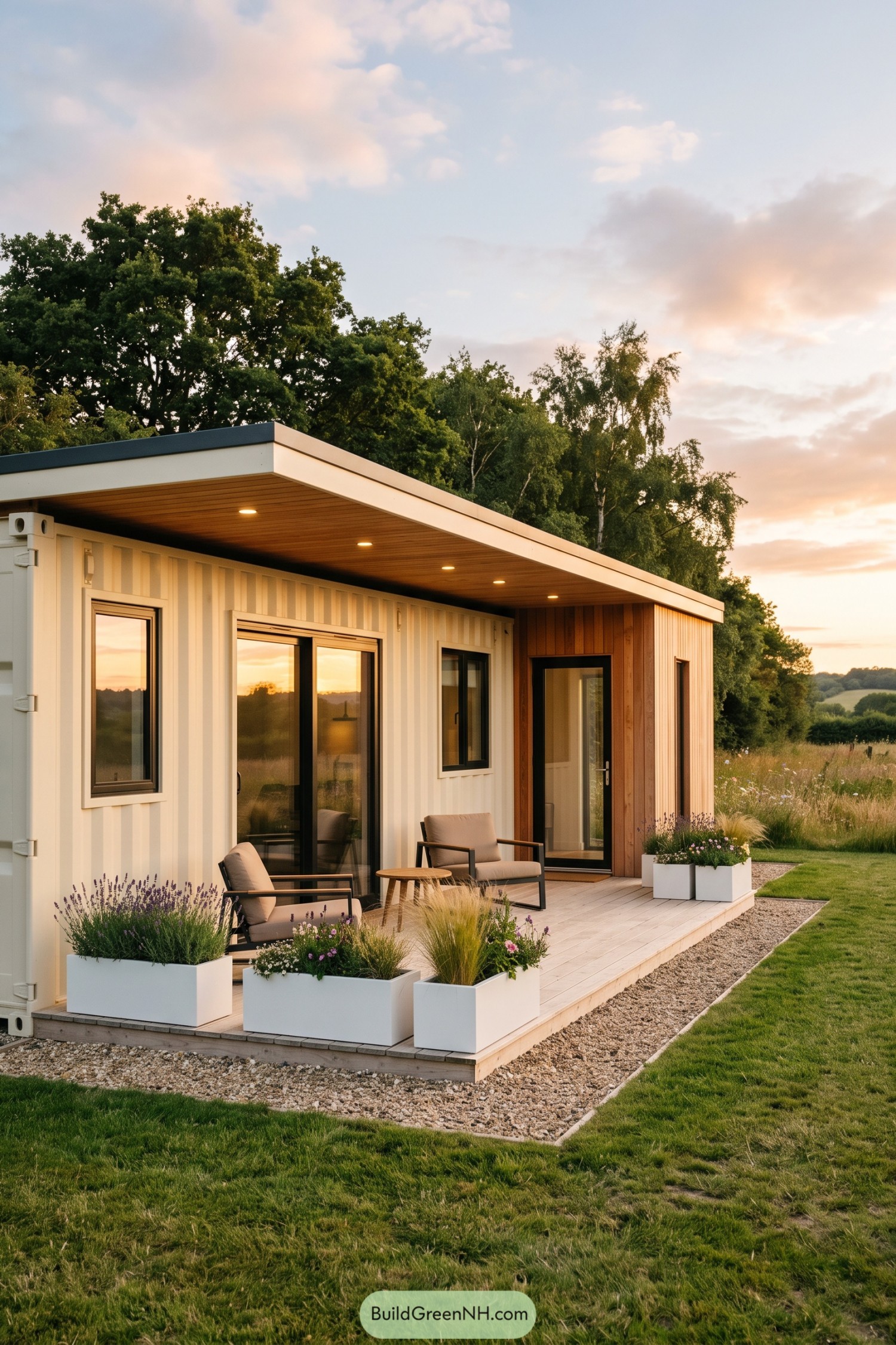White container home with a deep covered porch in a grassy meadow