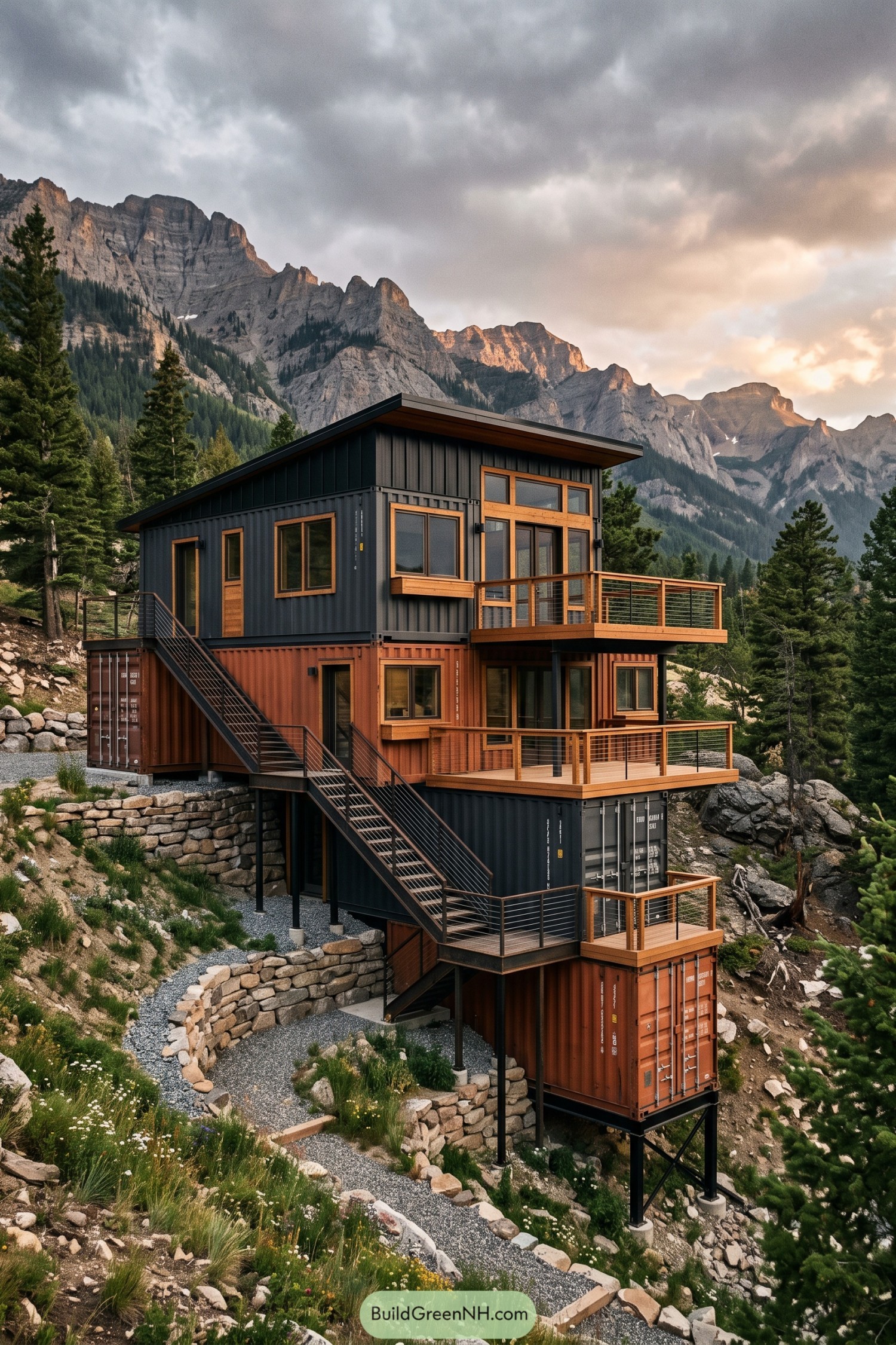 Multi-level container home with terraces on a rocky mountain slope