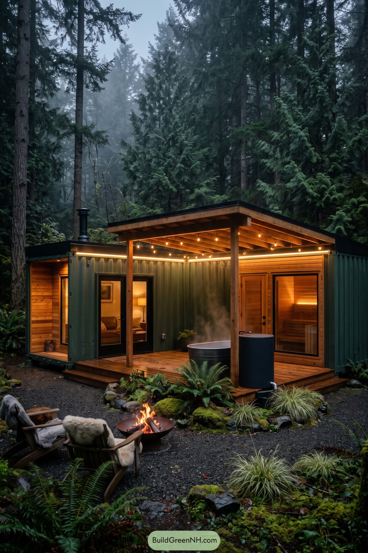 Green container cabin with sauna deck and fire pit
