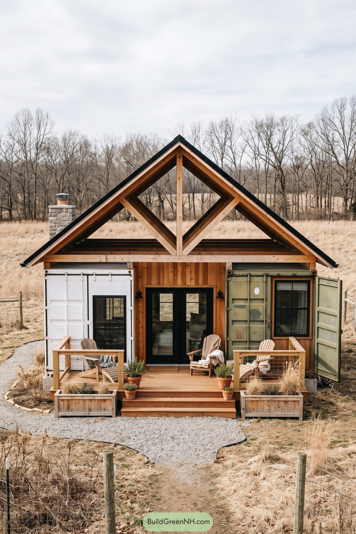 Gabled container home with timber porch
