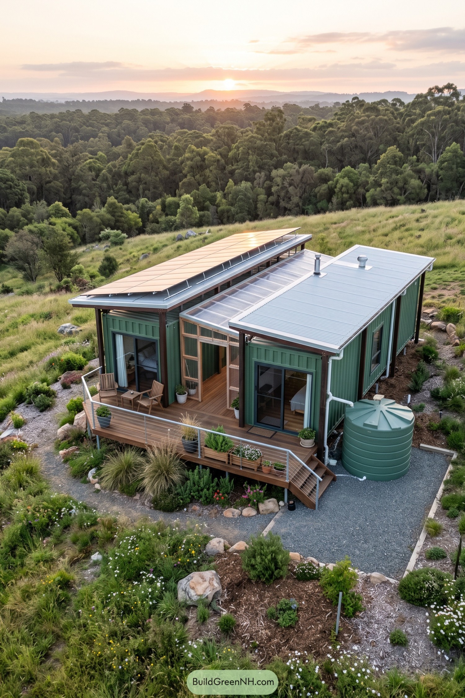 Green container home with solar canopy deck and rainwater tank on a hillside