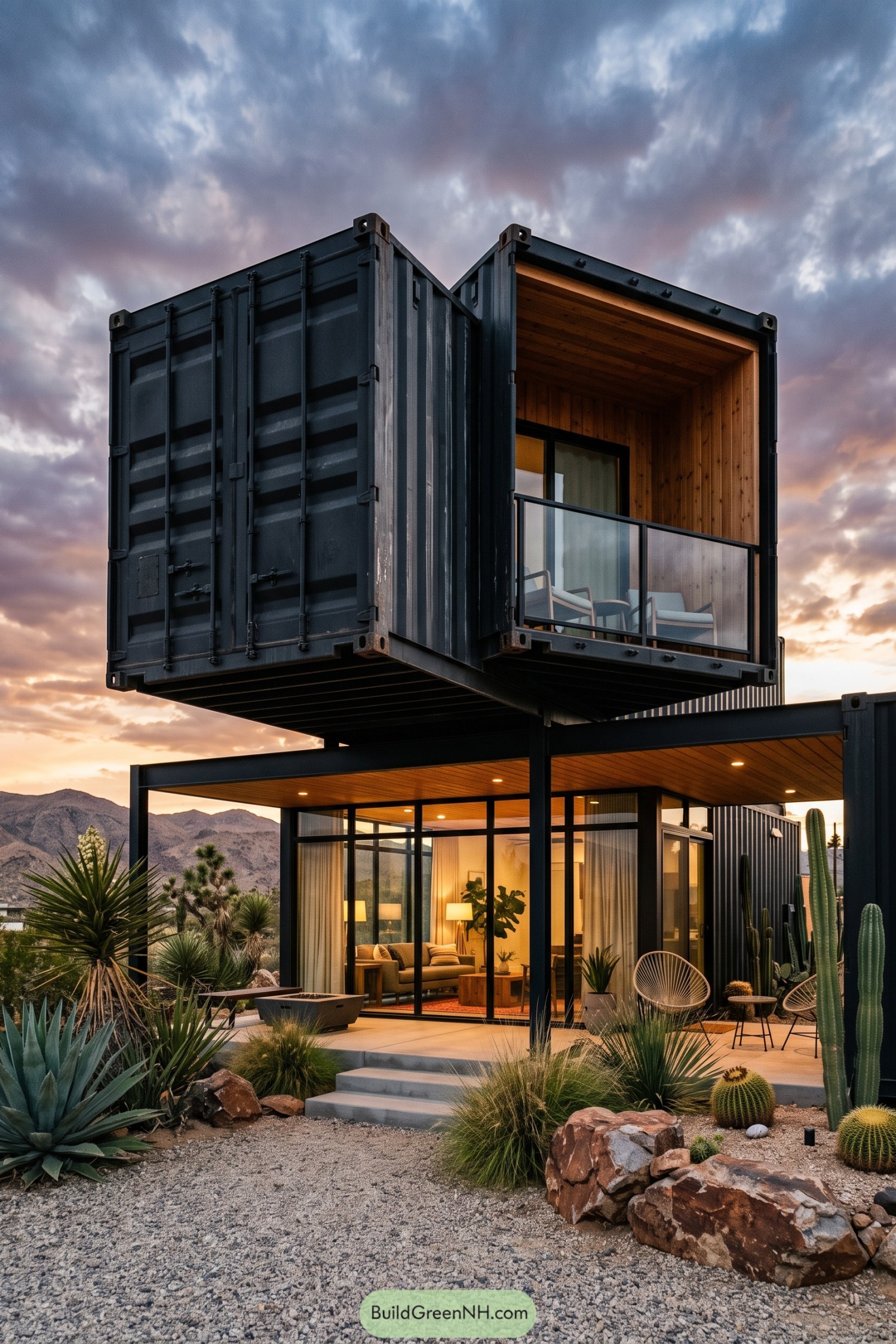 Black container home with a cantilevered upper suite and desert garden