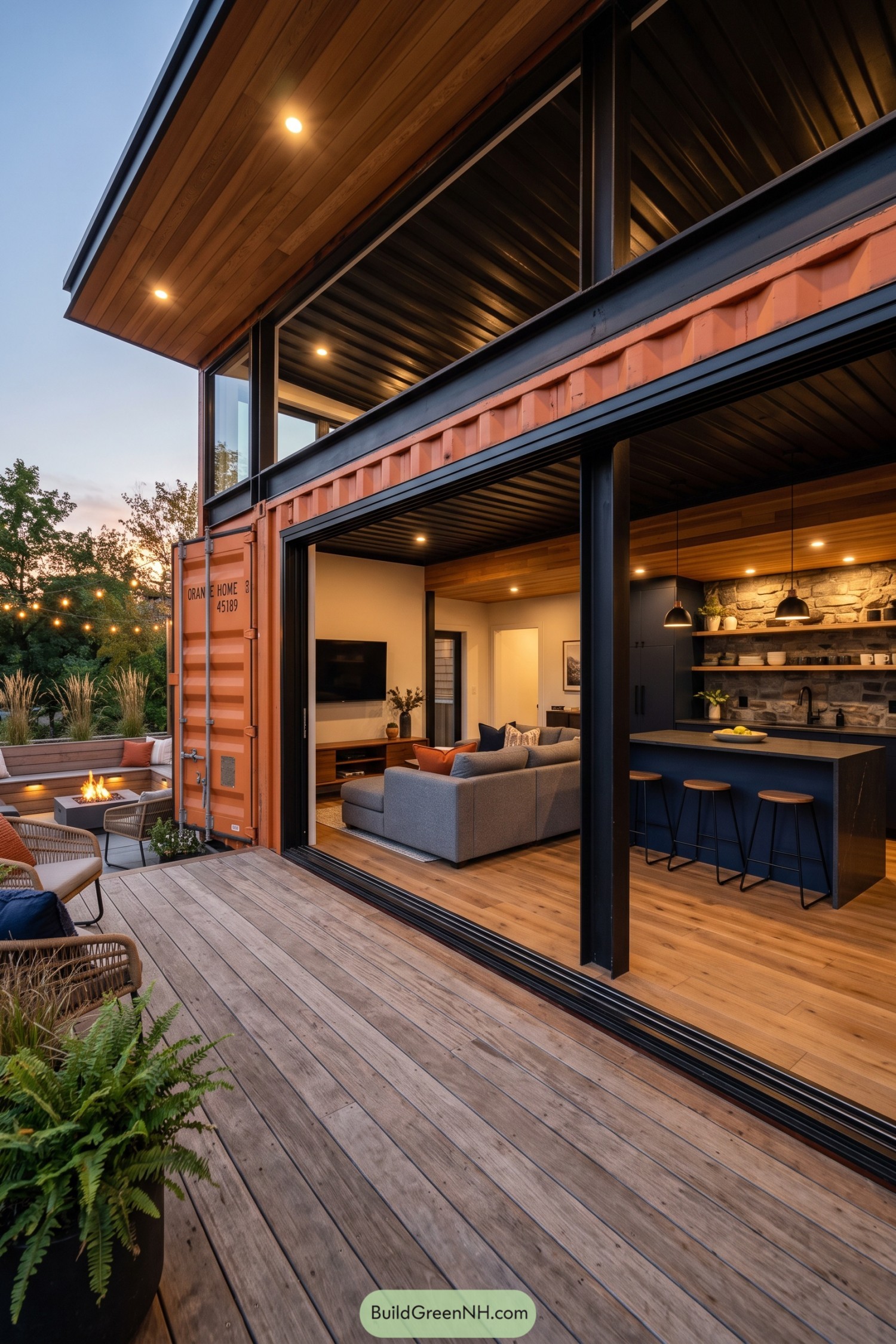 Orange container home with open living space and deck