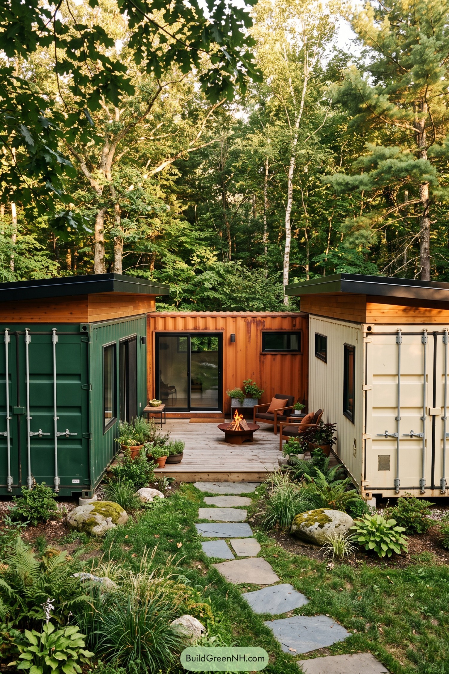 Three colorful containers frame a leafy patio with a fire bowl