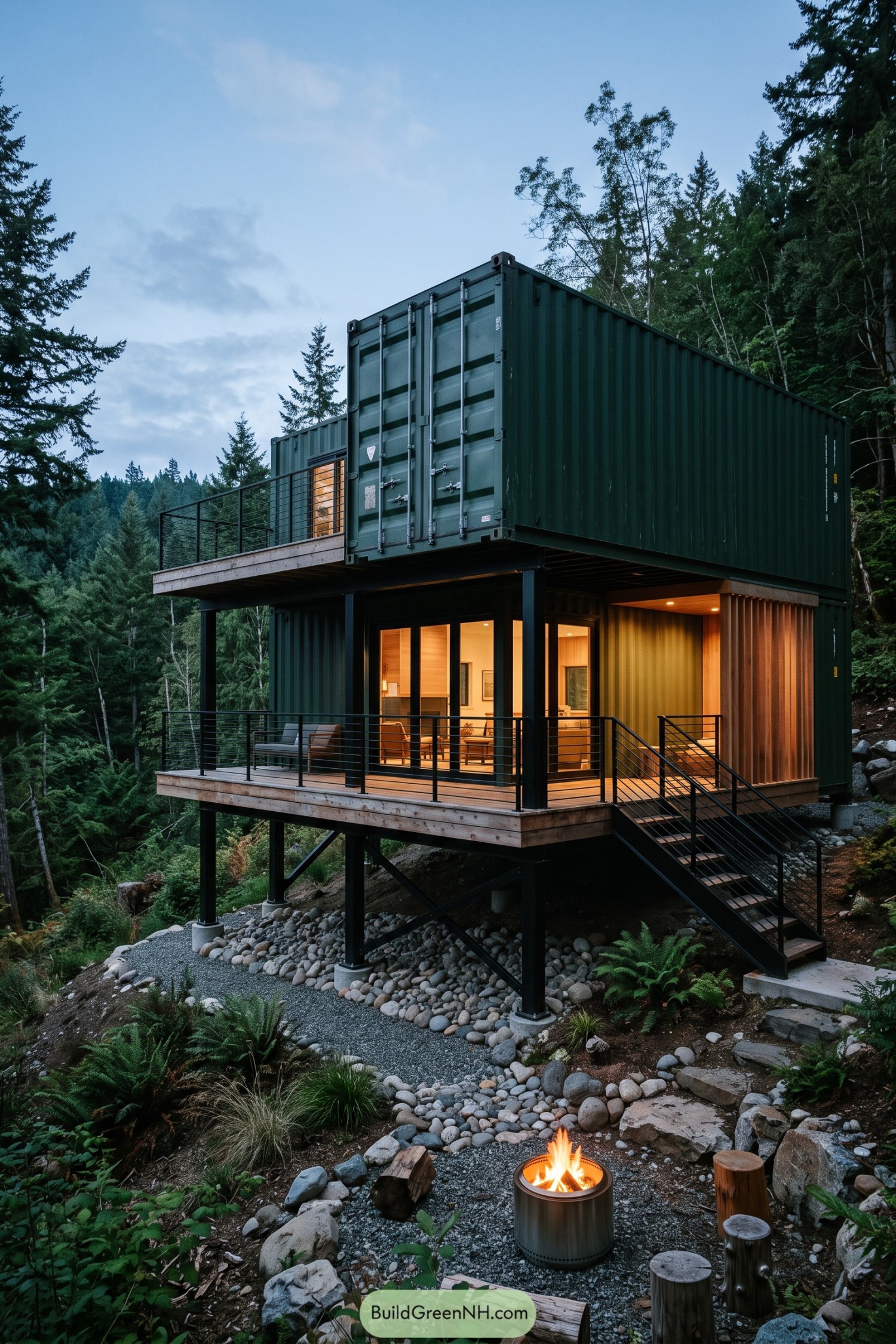Two-tier dark container home raised above a forest clearing