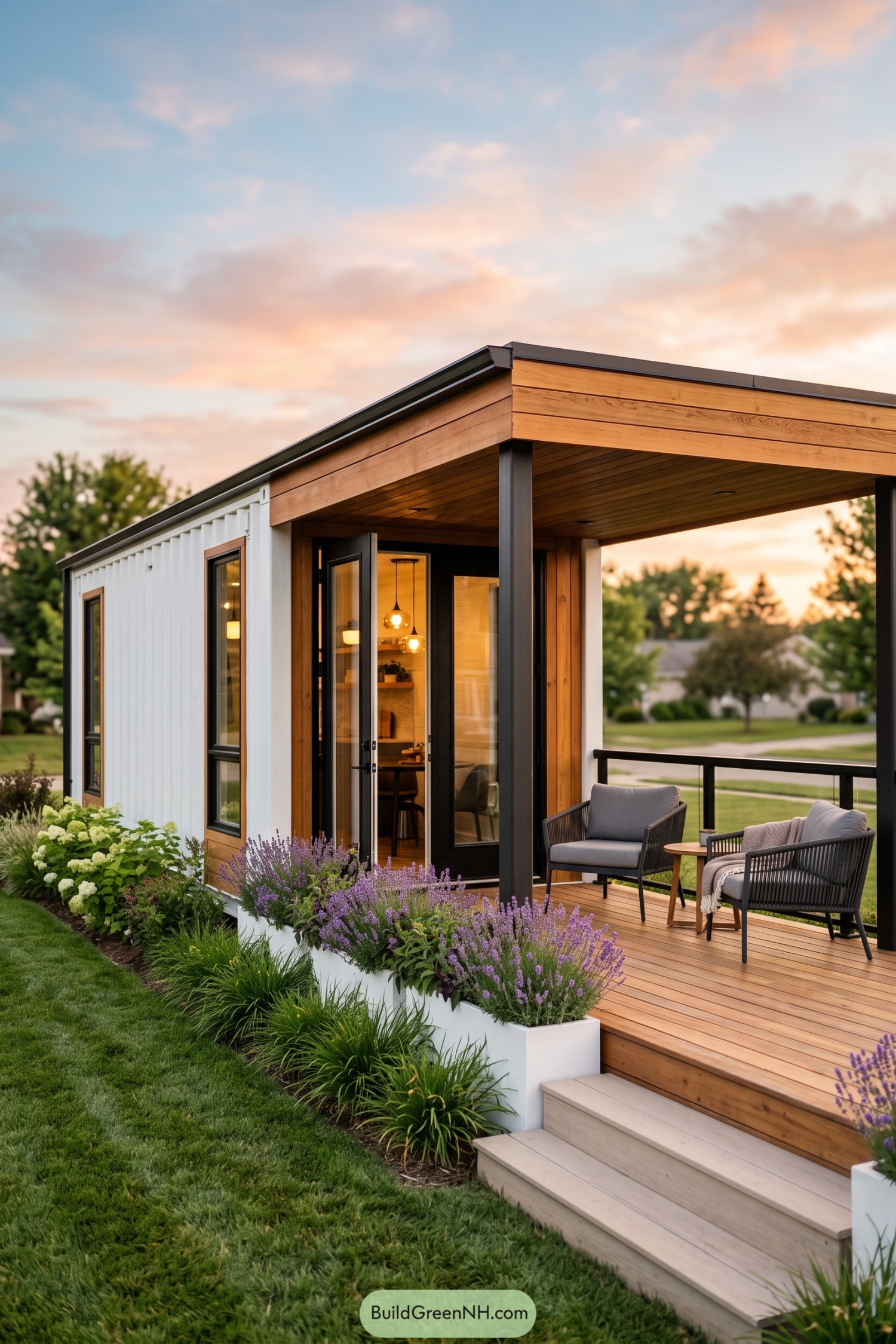 White container studio with a covered wood porch and lavender planters