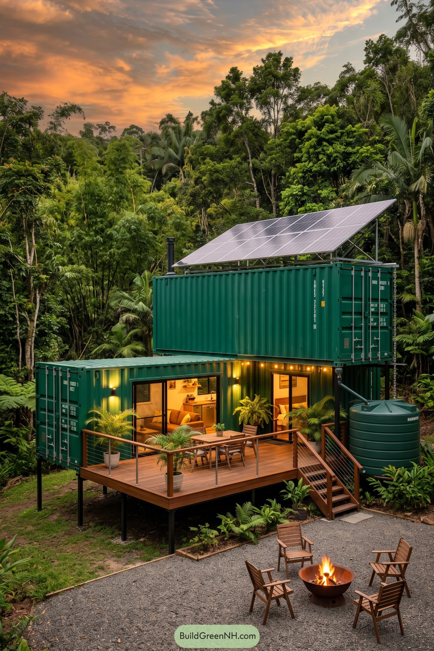 Green stacked container home with solar canopy and deck