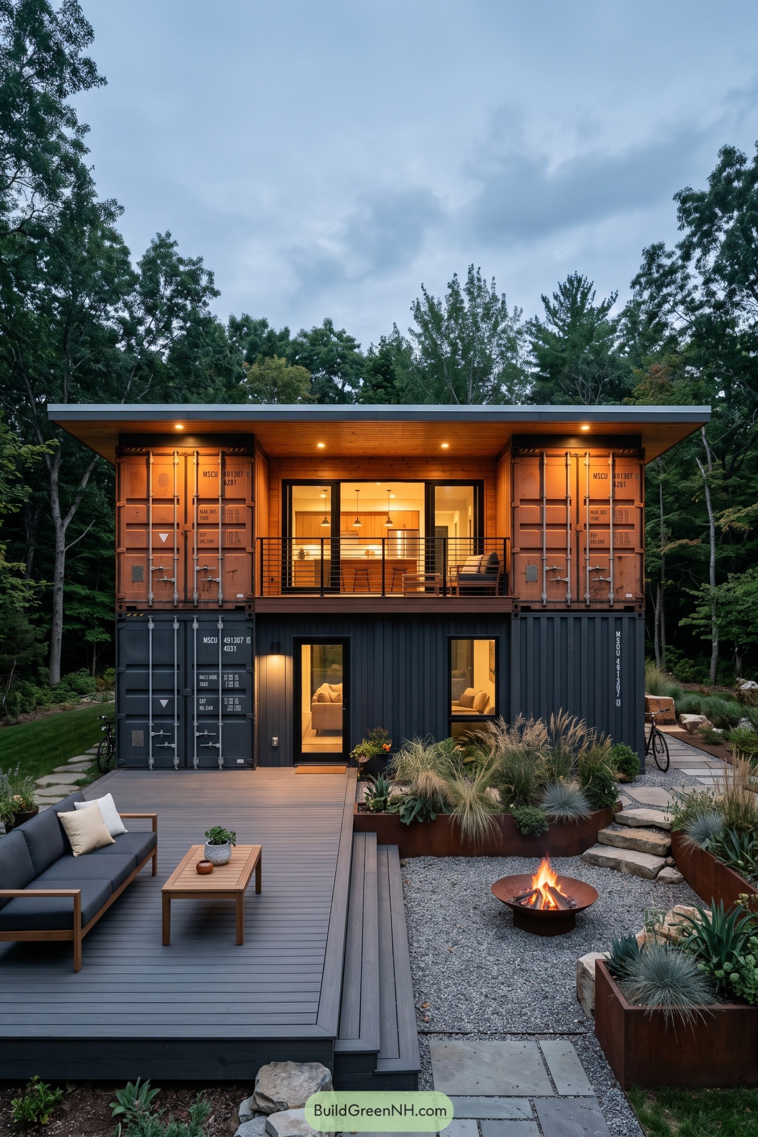 Two Story Container Home With Deck And Fire Pit