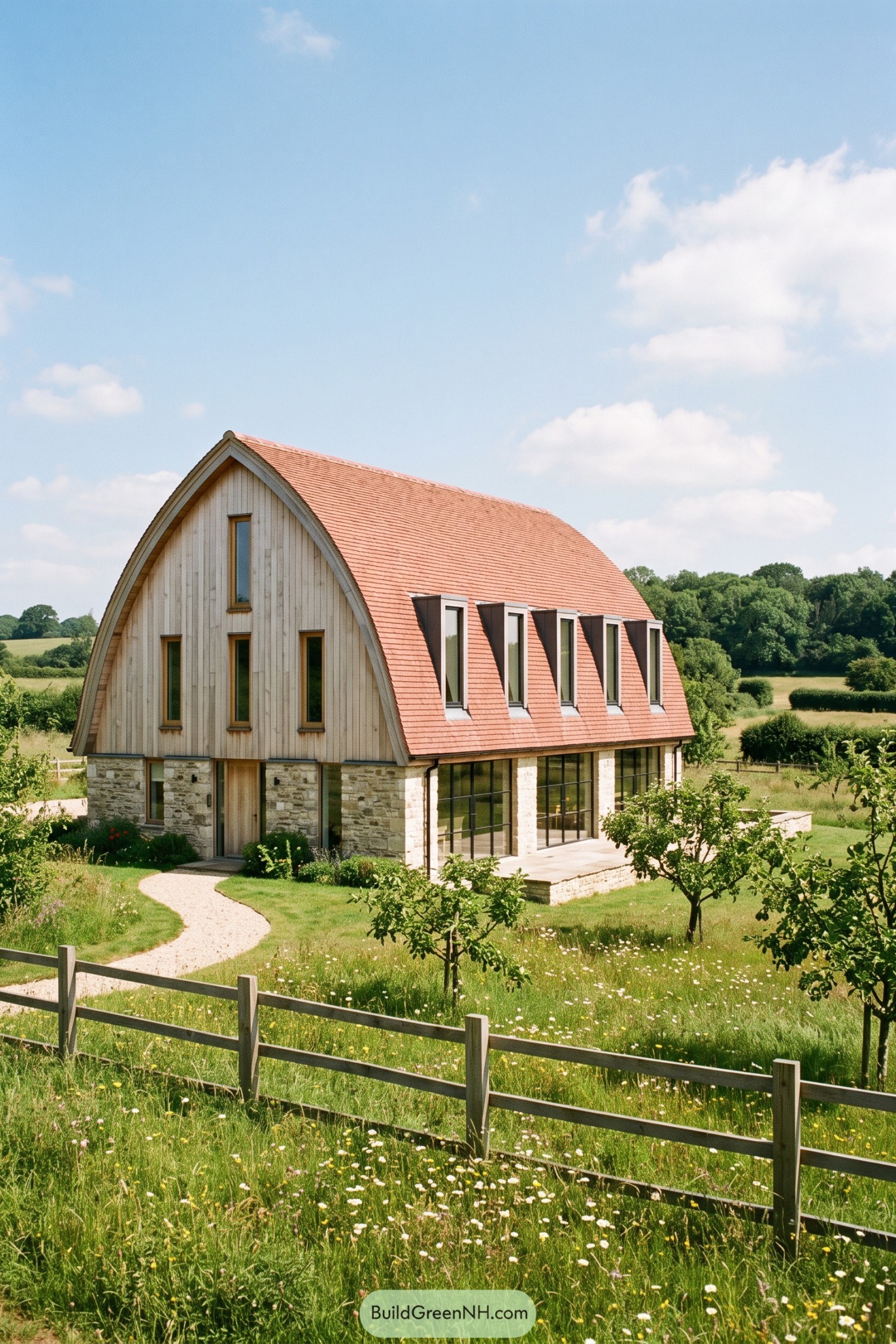 Timber and stone house with a sweeping tiled roof