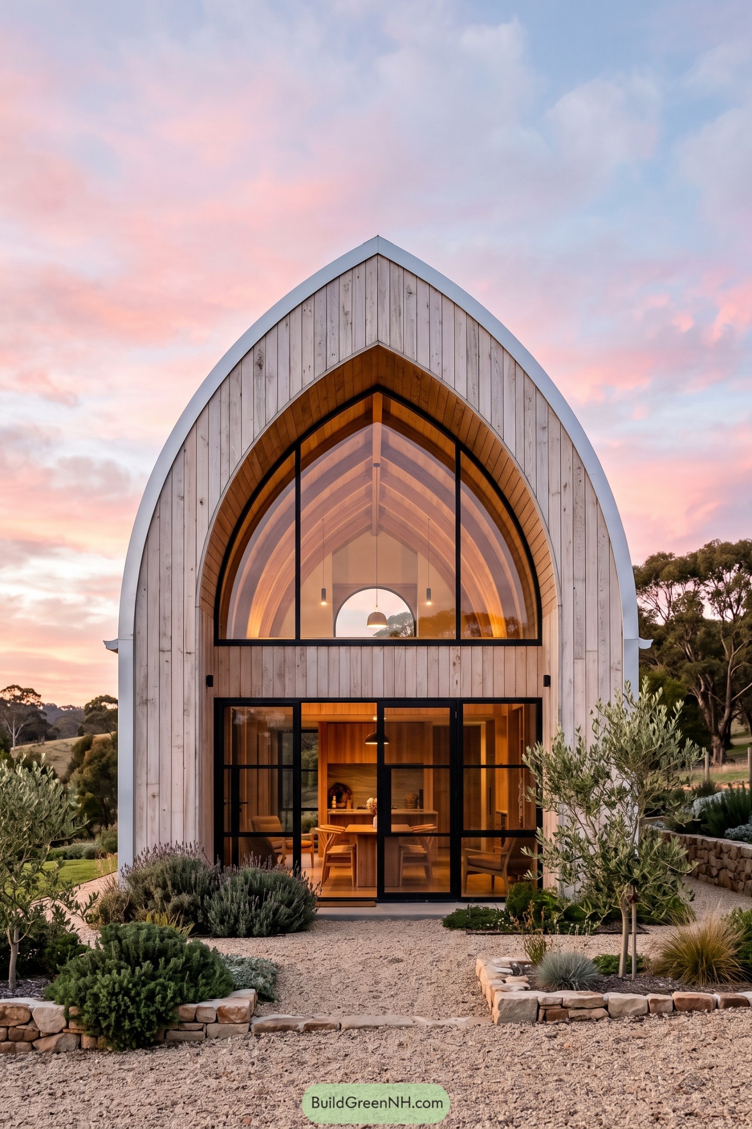 Curved timber house with tall arched glazing at sunset