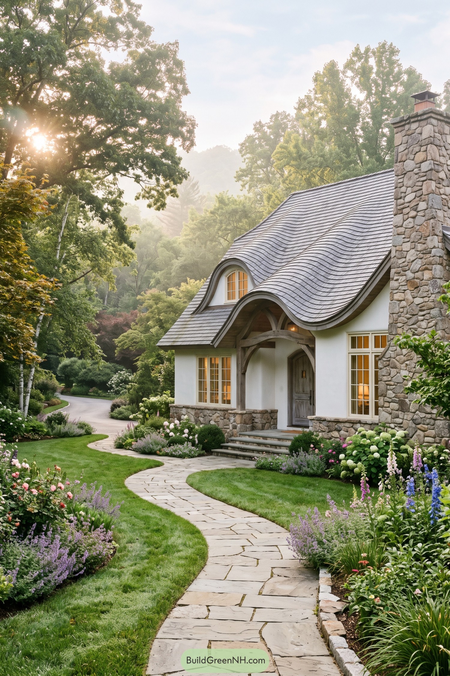 Cottage with a wave-shaped shingle roof and stone chimney