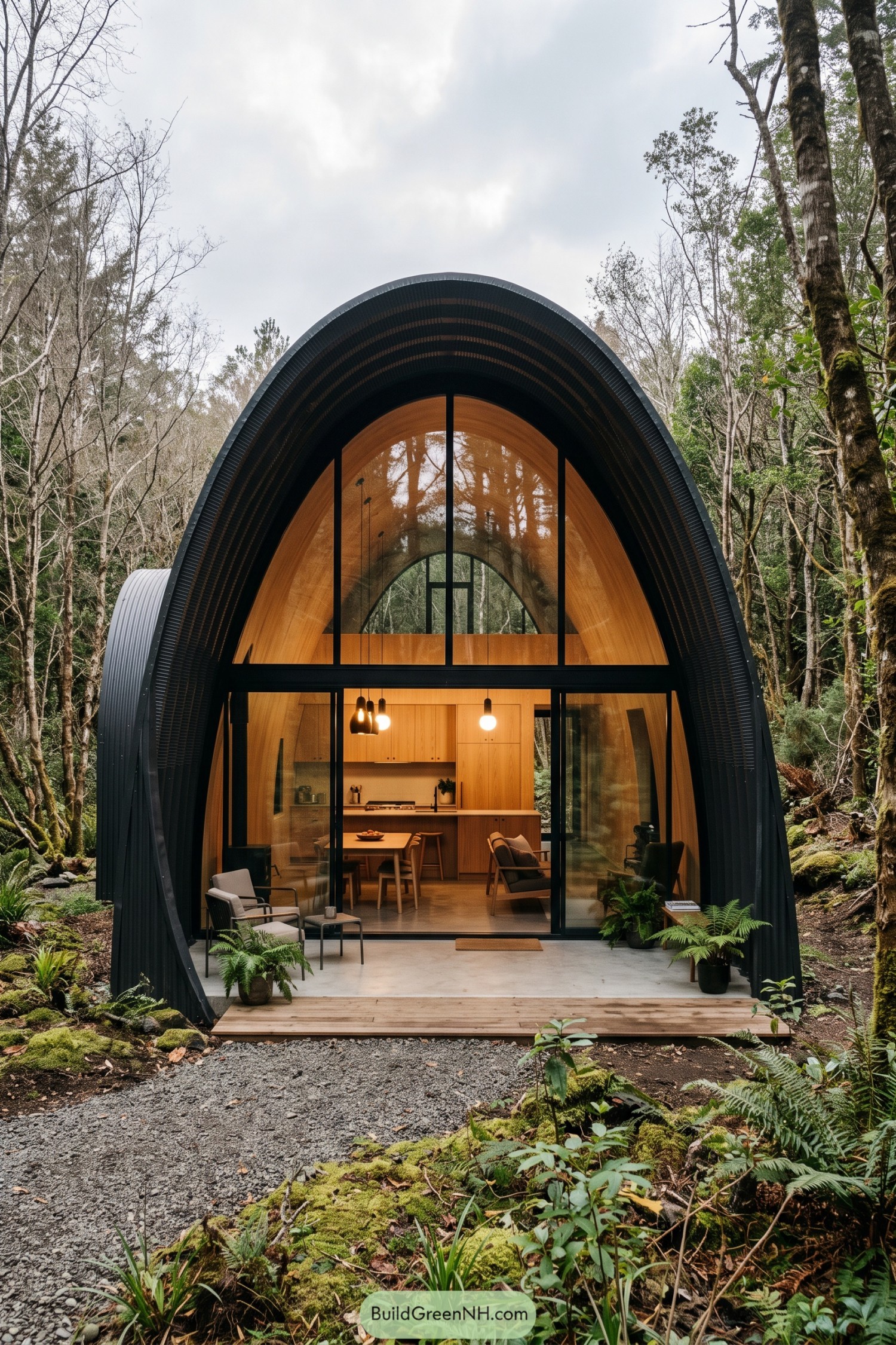 Black arched cabin with glass facade in forest