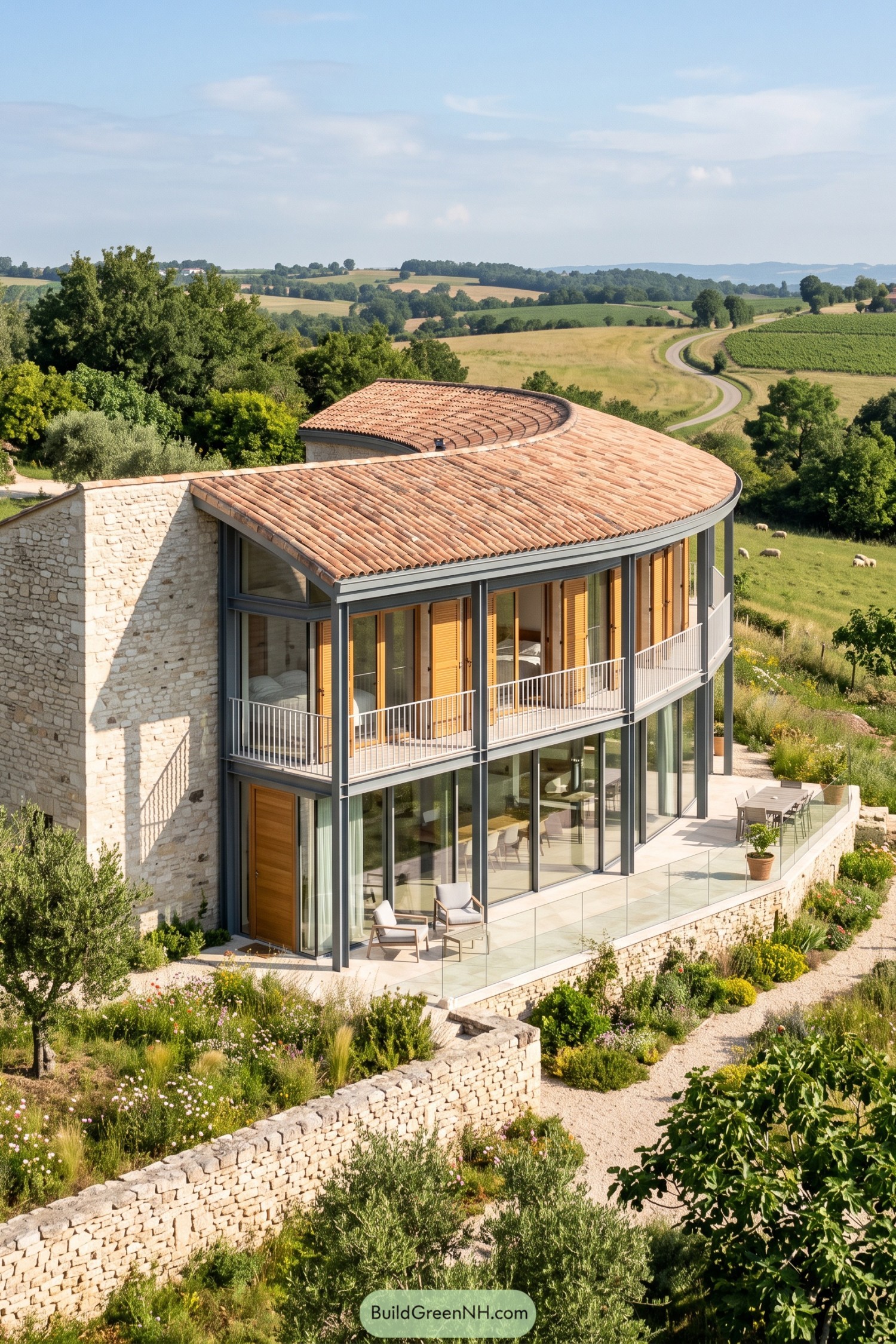 Stone farmhouse with sweeping tiled roof and glass facade