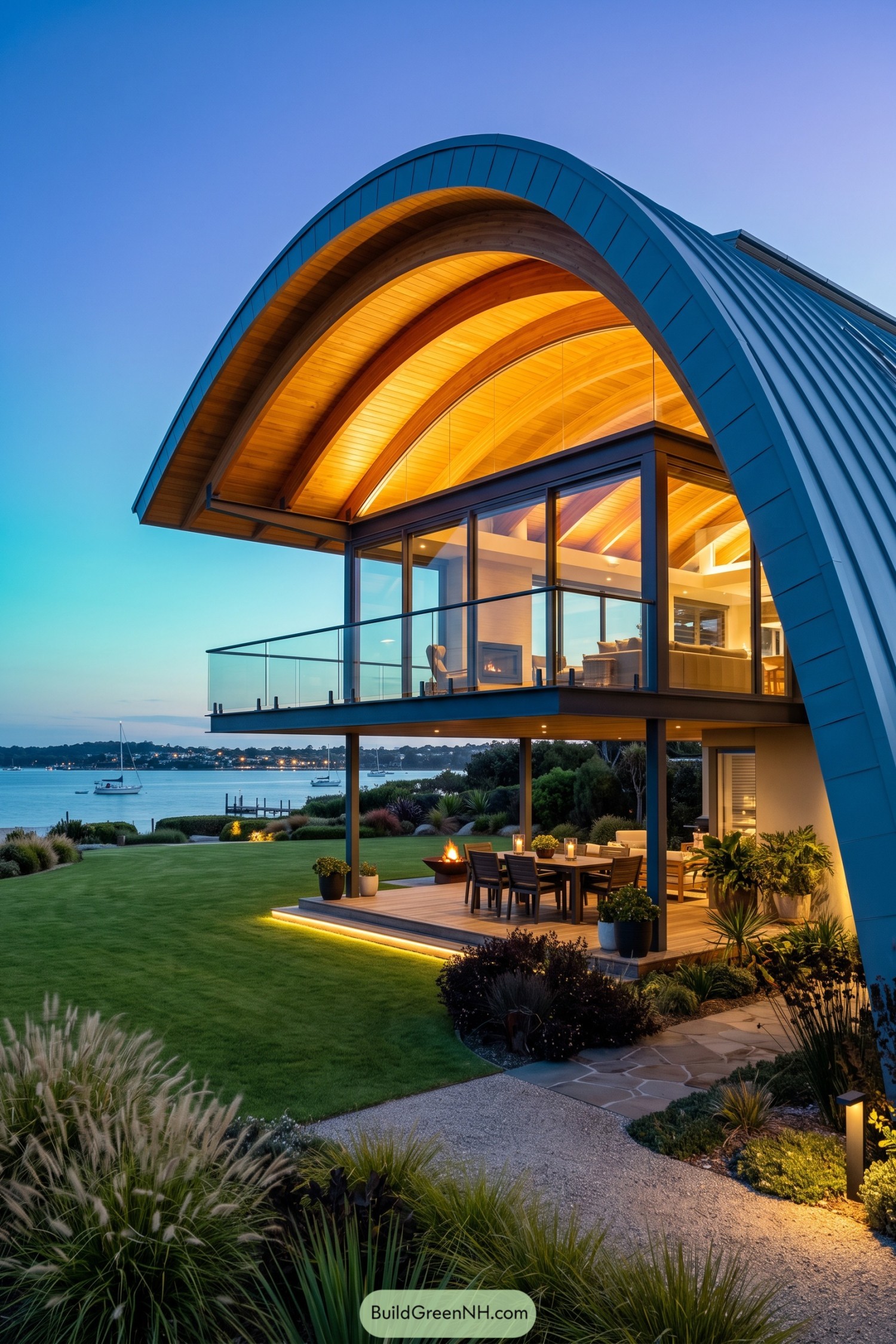 Modern waterfront home with a sweeping blue curved roof