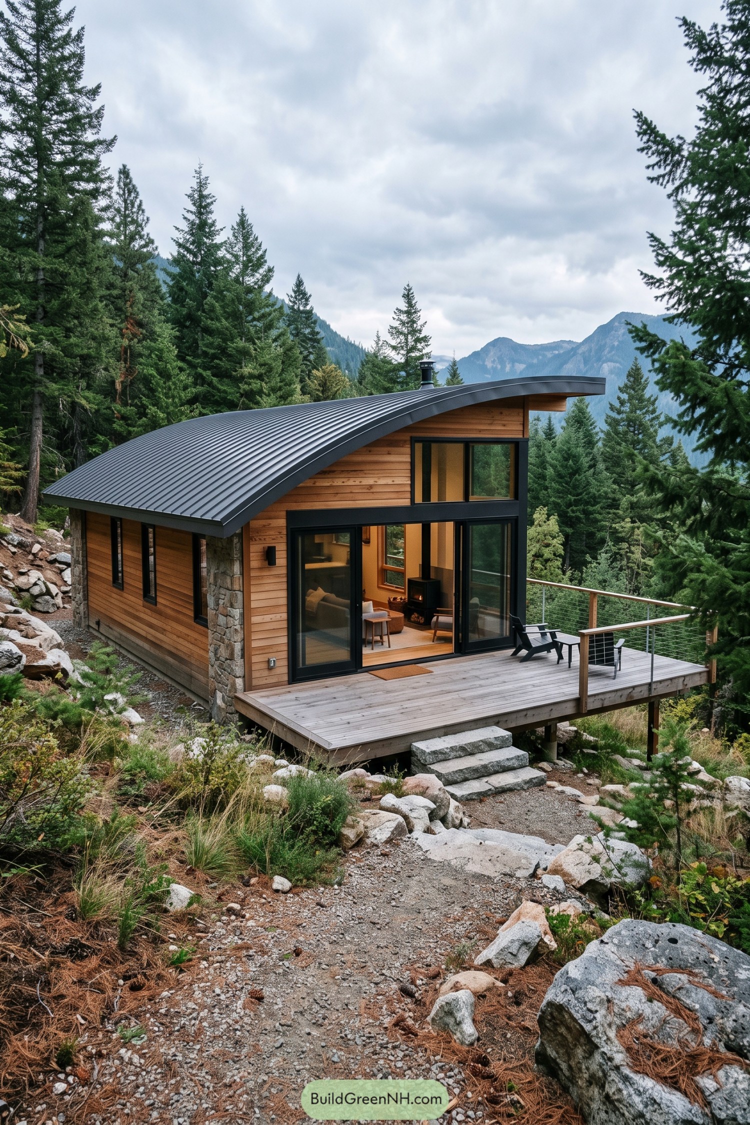 Mountain cabin with a sweeping curved metal roof and deck