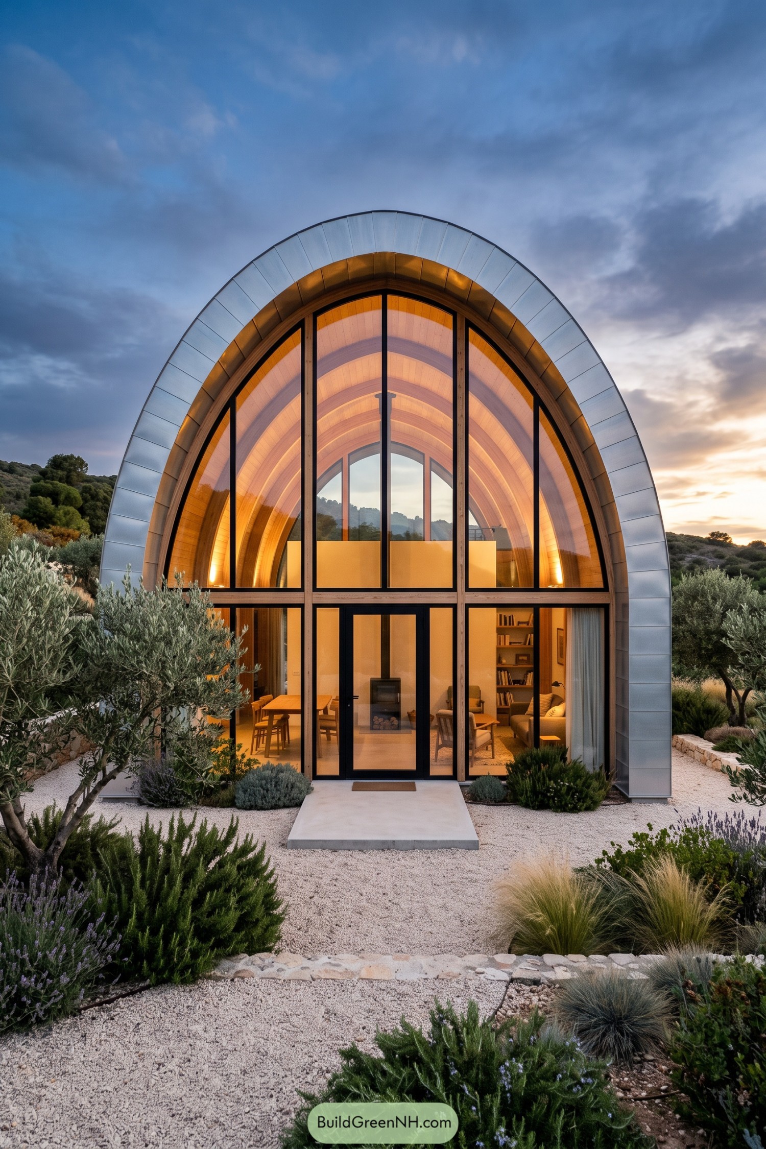 Glazed arched home with silver cladding in an olive garden