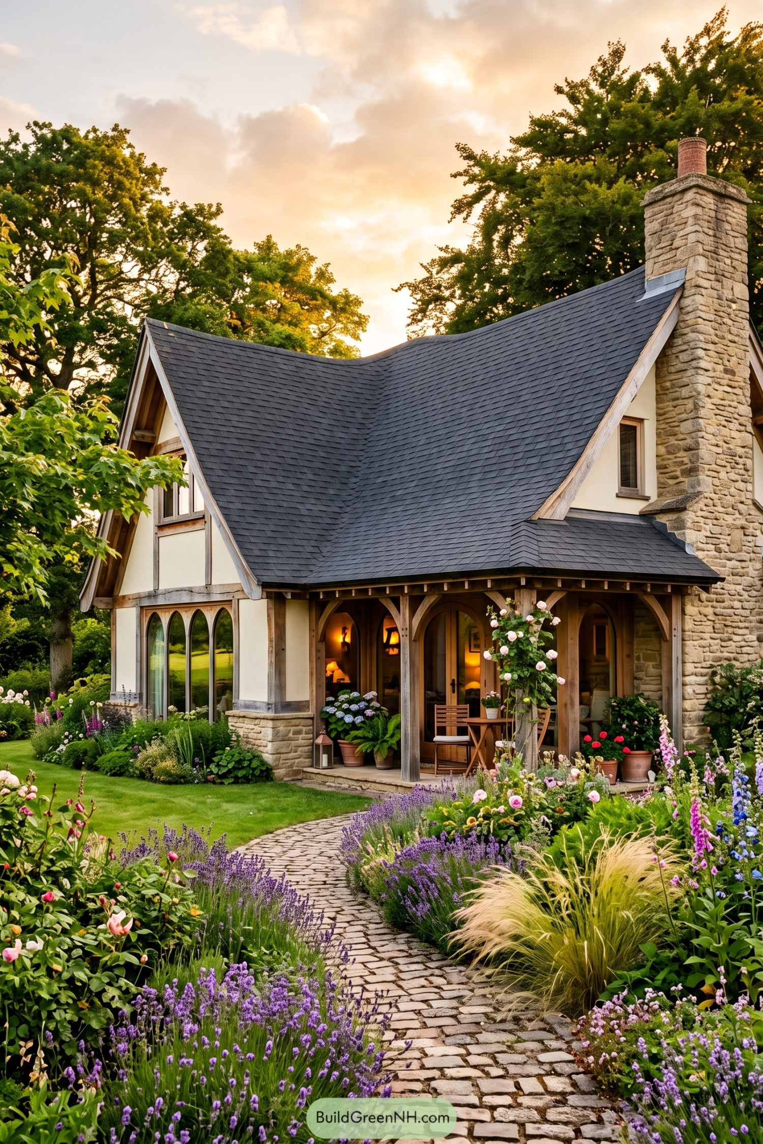 Cottage with a sweeping shingle roof and stone chimney