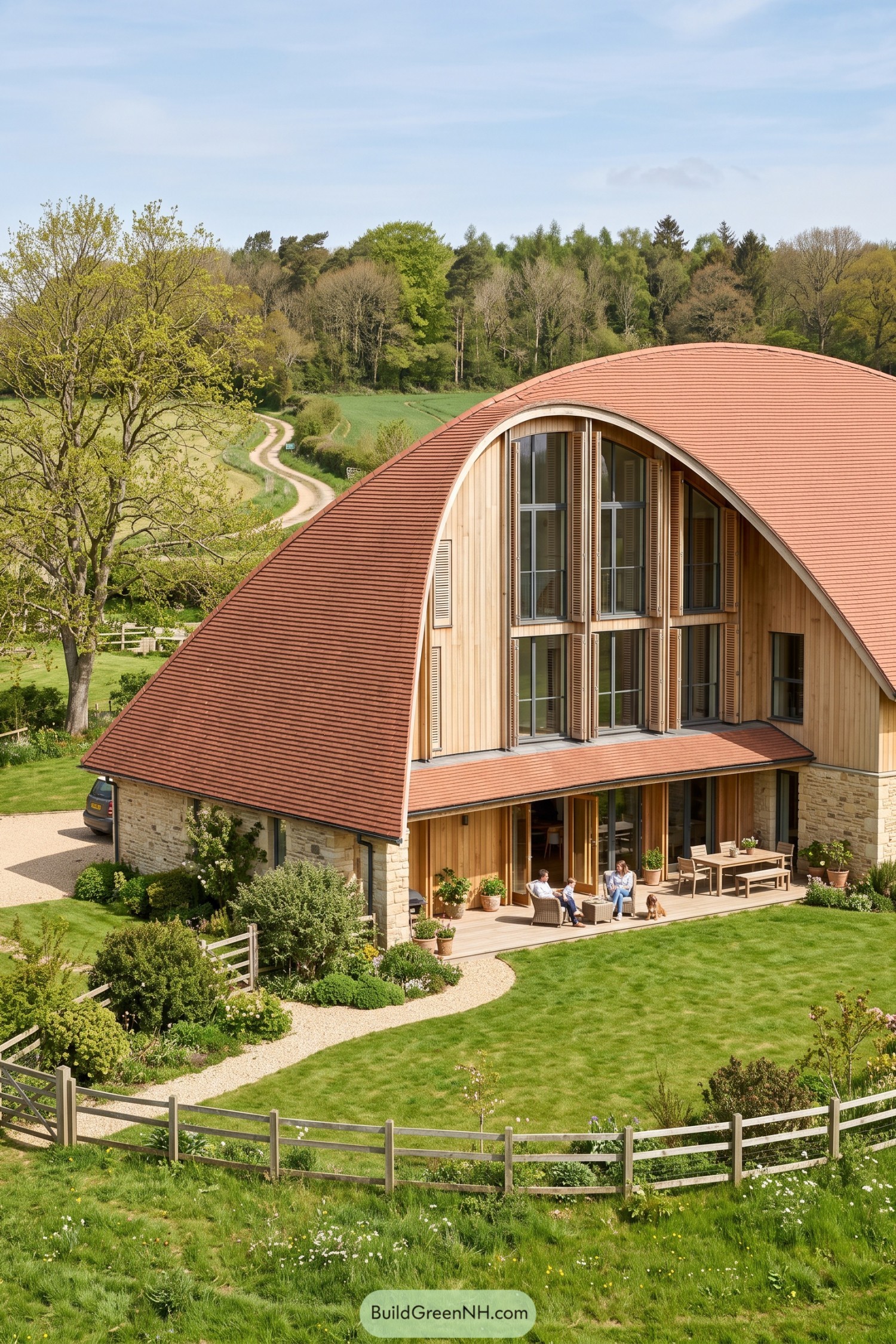 Curved tiled roof home with timber walls and stone base