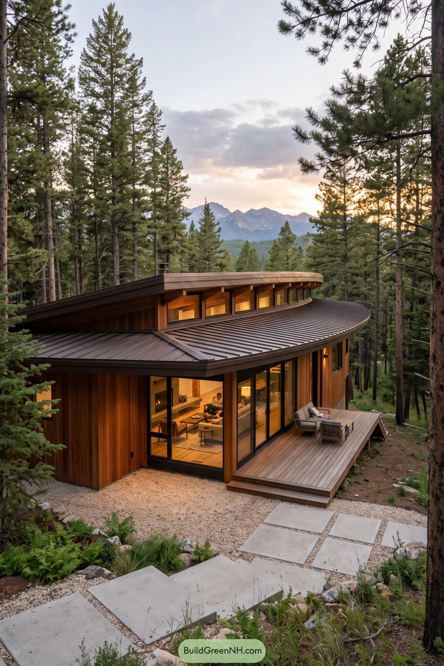 Wood clad mountain home with sweeping curved metal roof