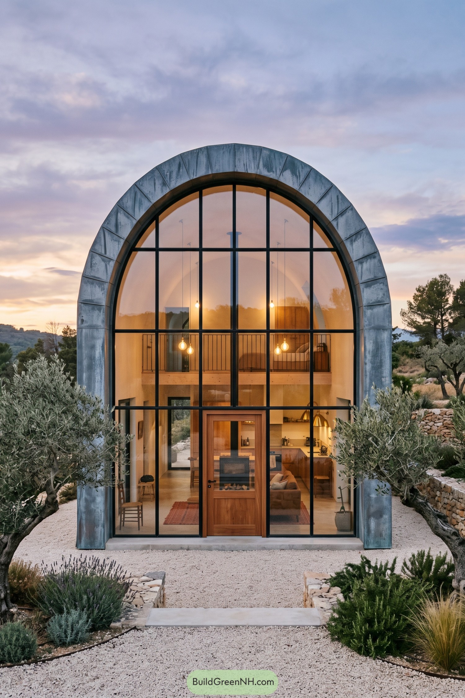 Curved steel-framed home with a glazed facade among olive trees
