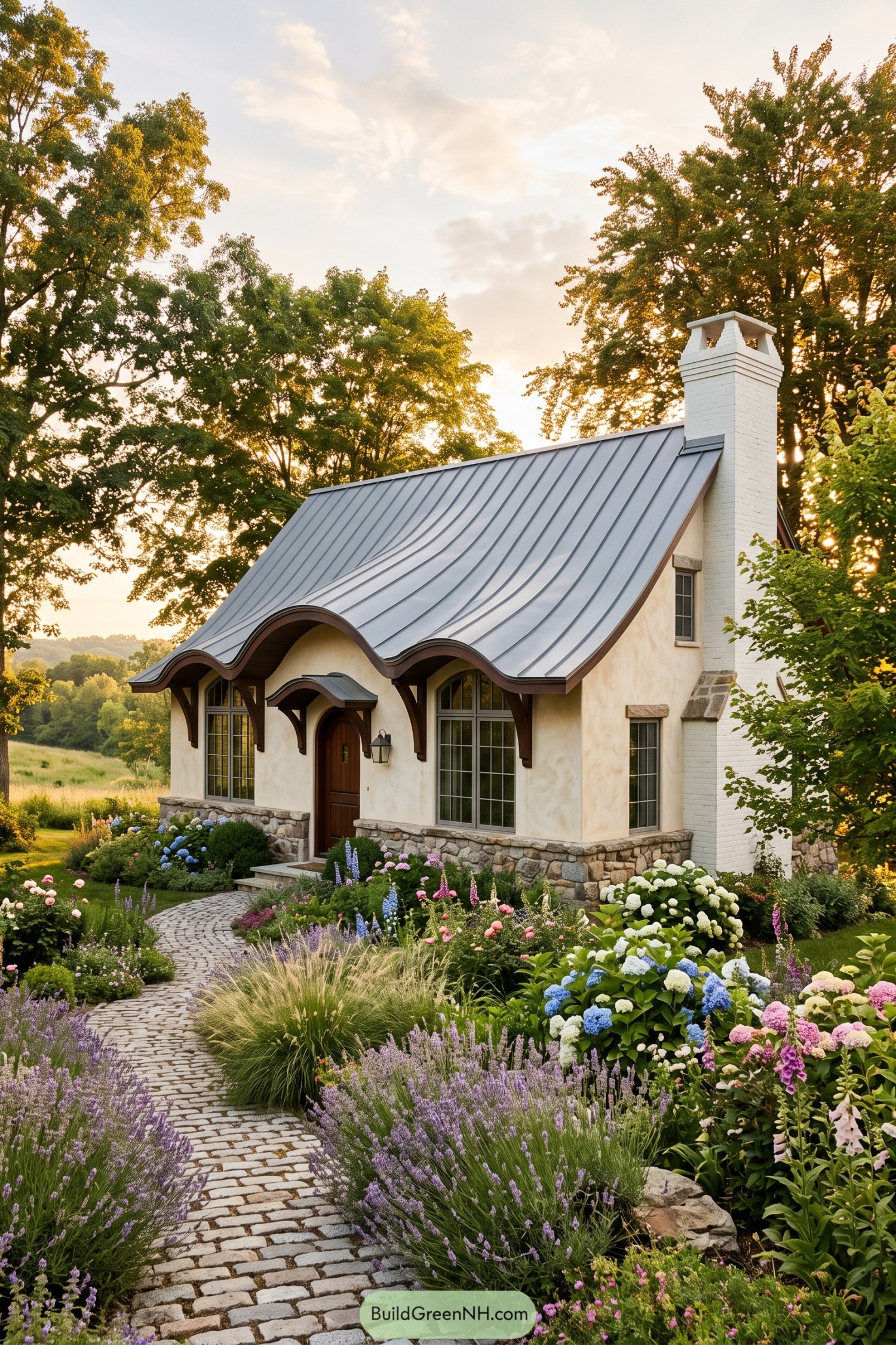 Storybook cottage with a wavy metal roof and flower garden
