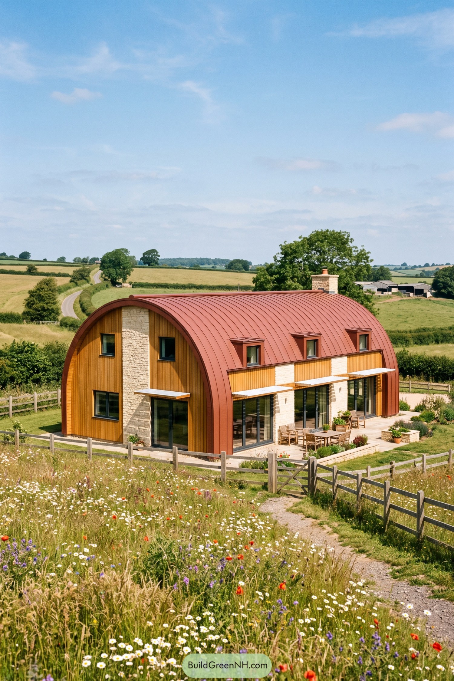 Curved red metal roof home in a wildflower meadow