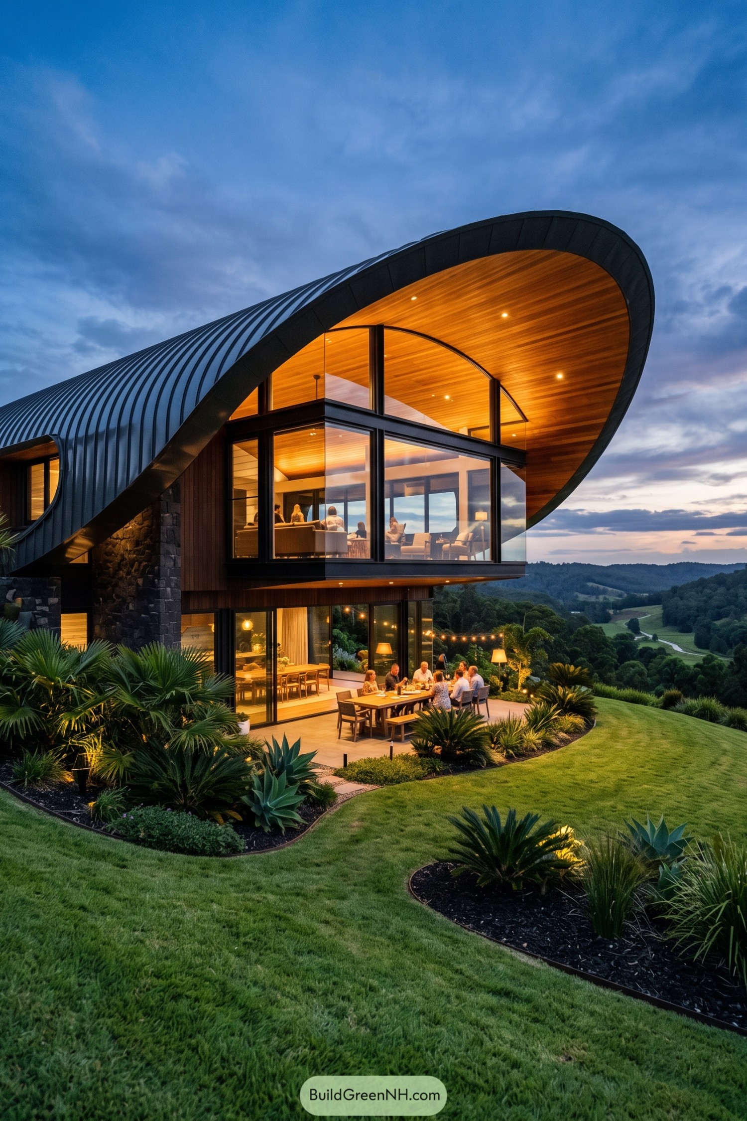 Modern hillside home with sweeping curved roof and glass walls
