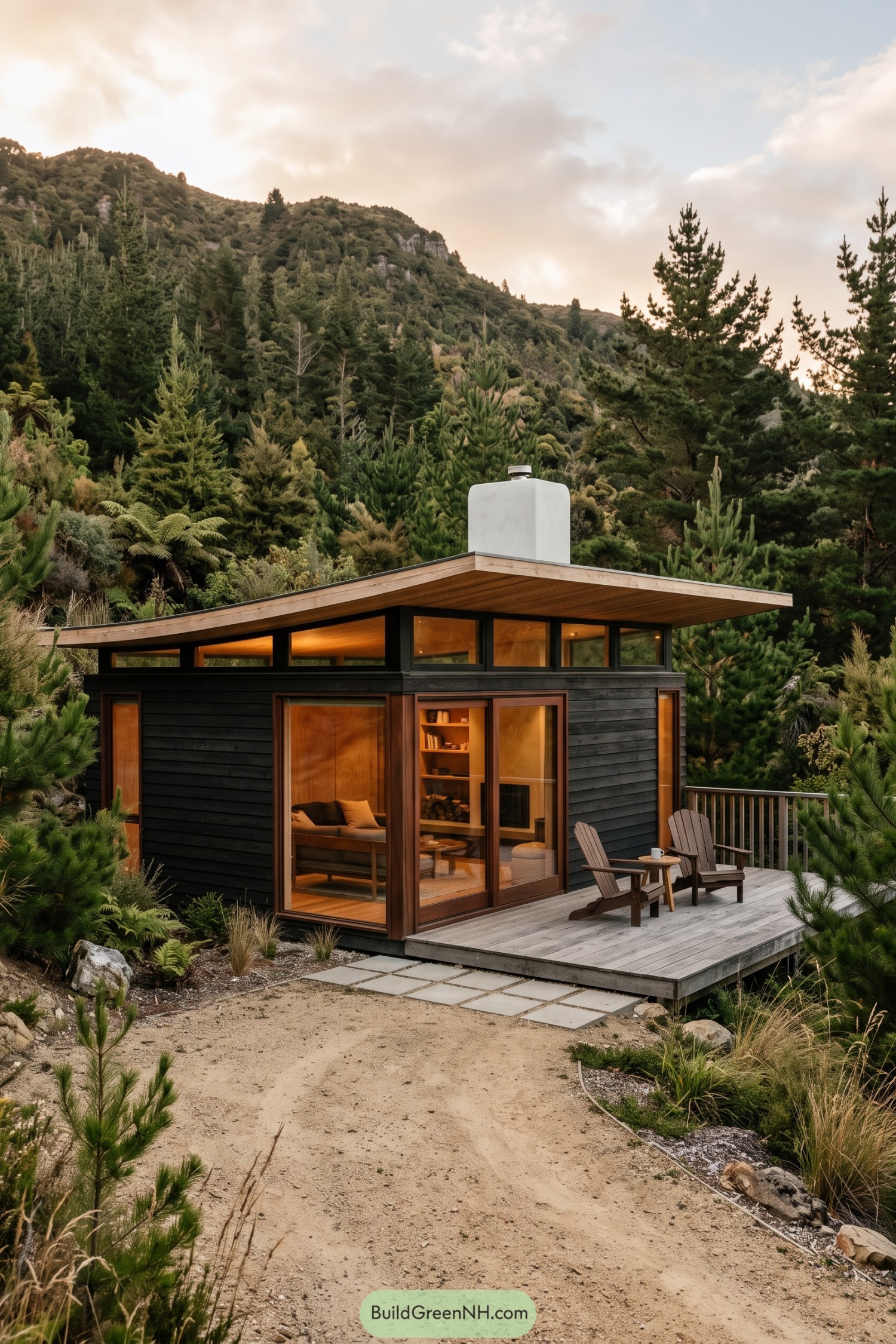 Compact dark timber cabin with a gently folded roof in a pine valley