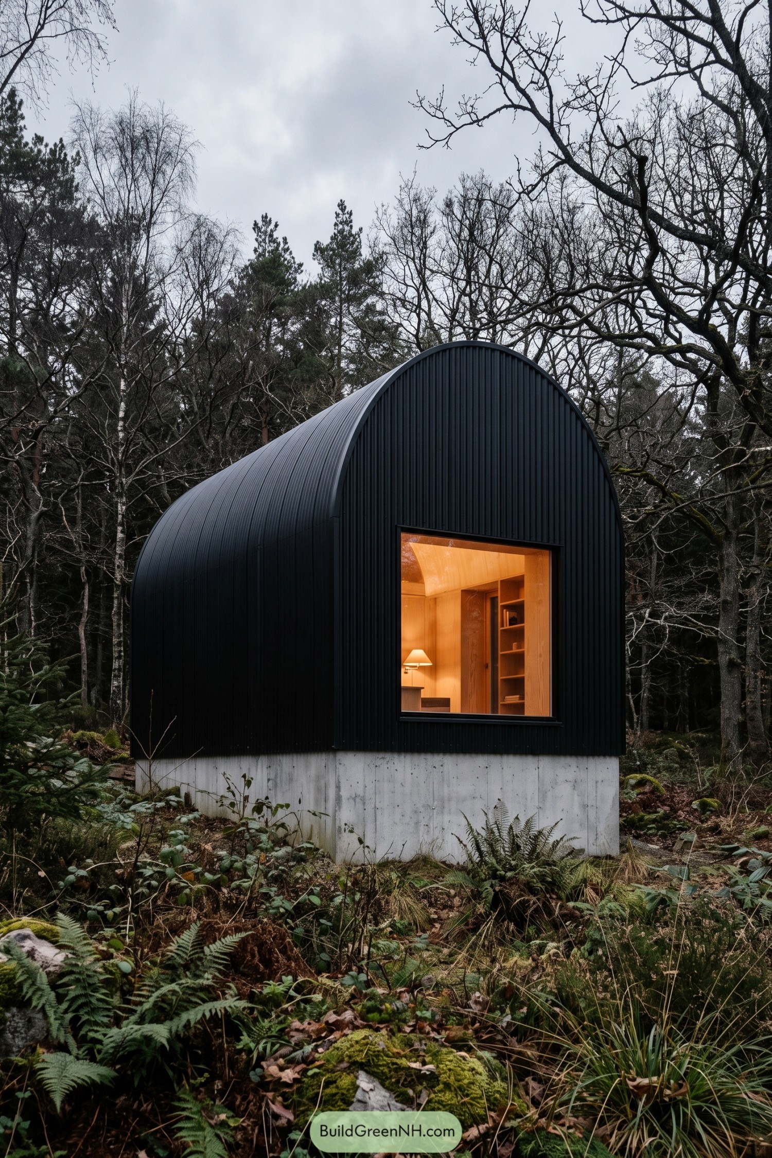 Black arched cabin with warm wood interior in a forest