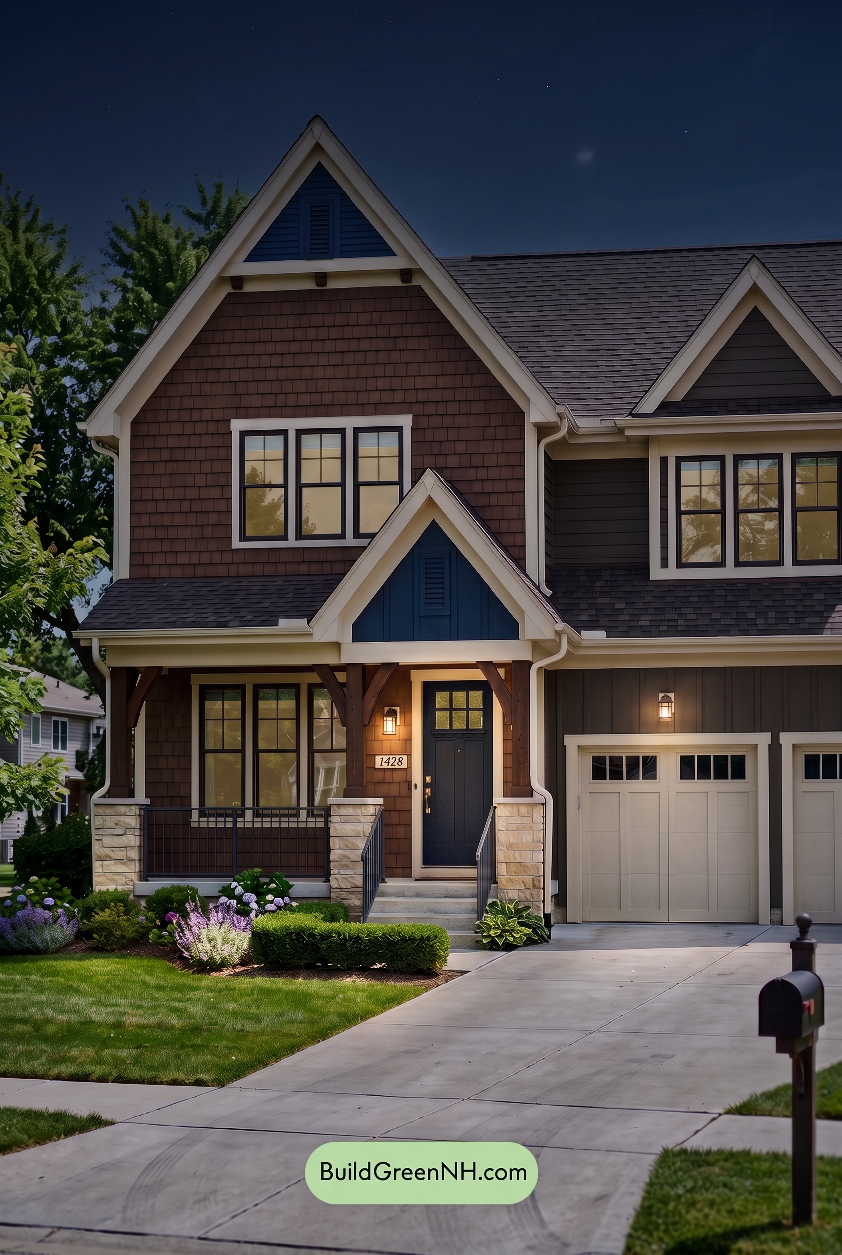 Dark Brown House Exterior Color Scheme: Bluebell Timberline - Nighttime
