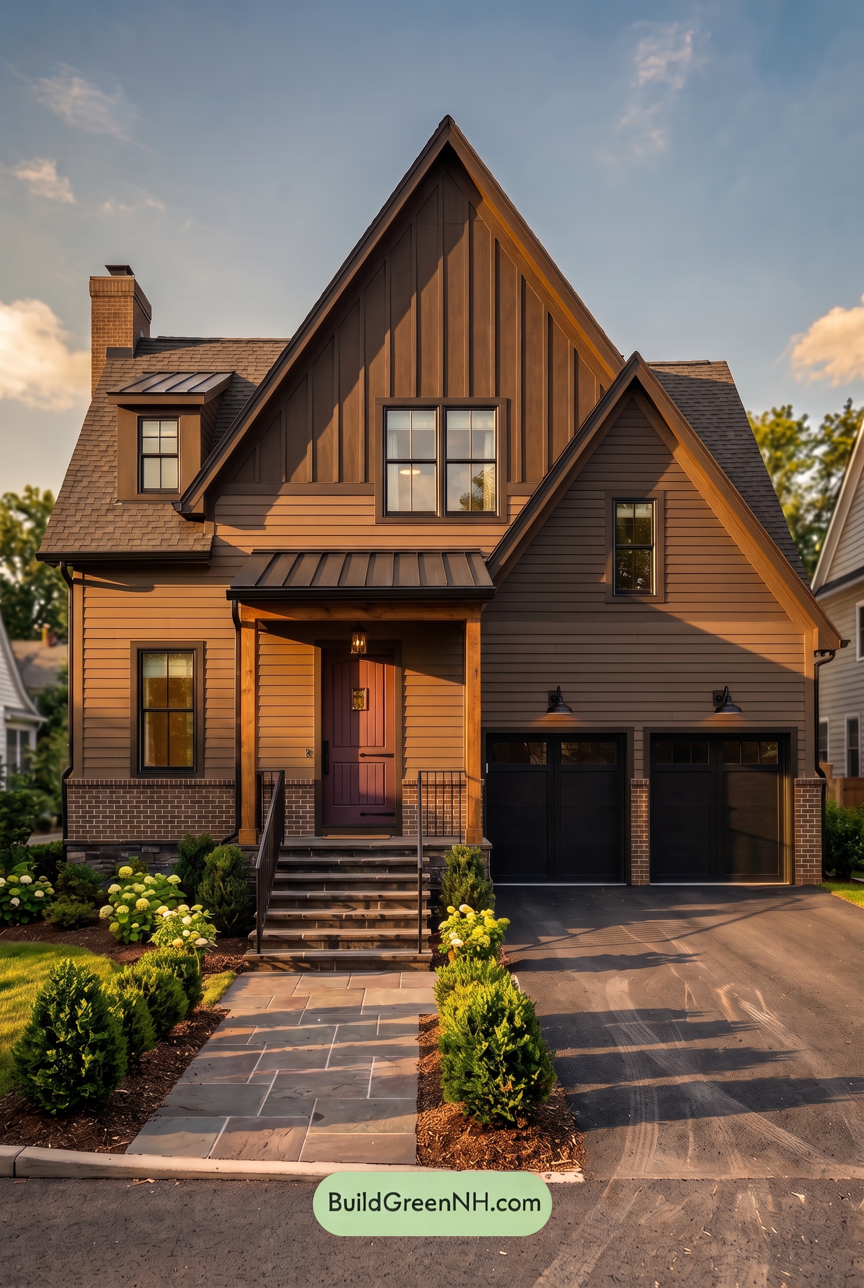 Dark Brown House Exterior Color Scheme: Chestnut Ironline - Golden Hour