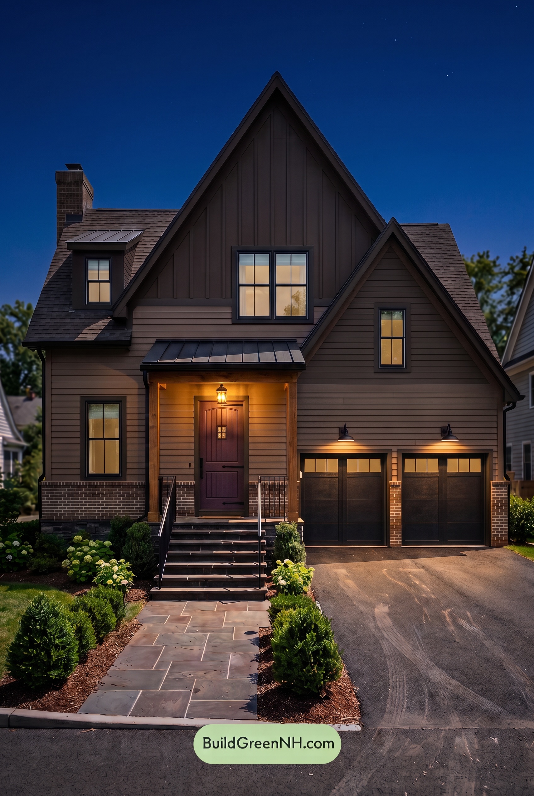 Dark Brown House Exterior Color Scheme: Chestnut Ironline - Nighttime
