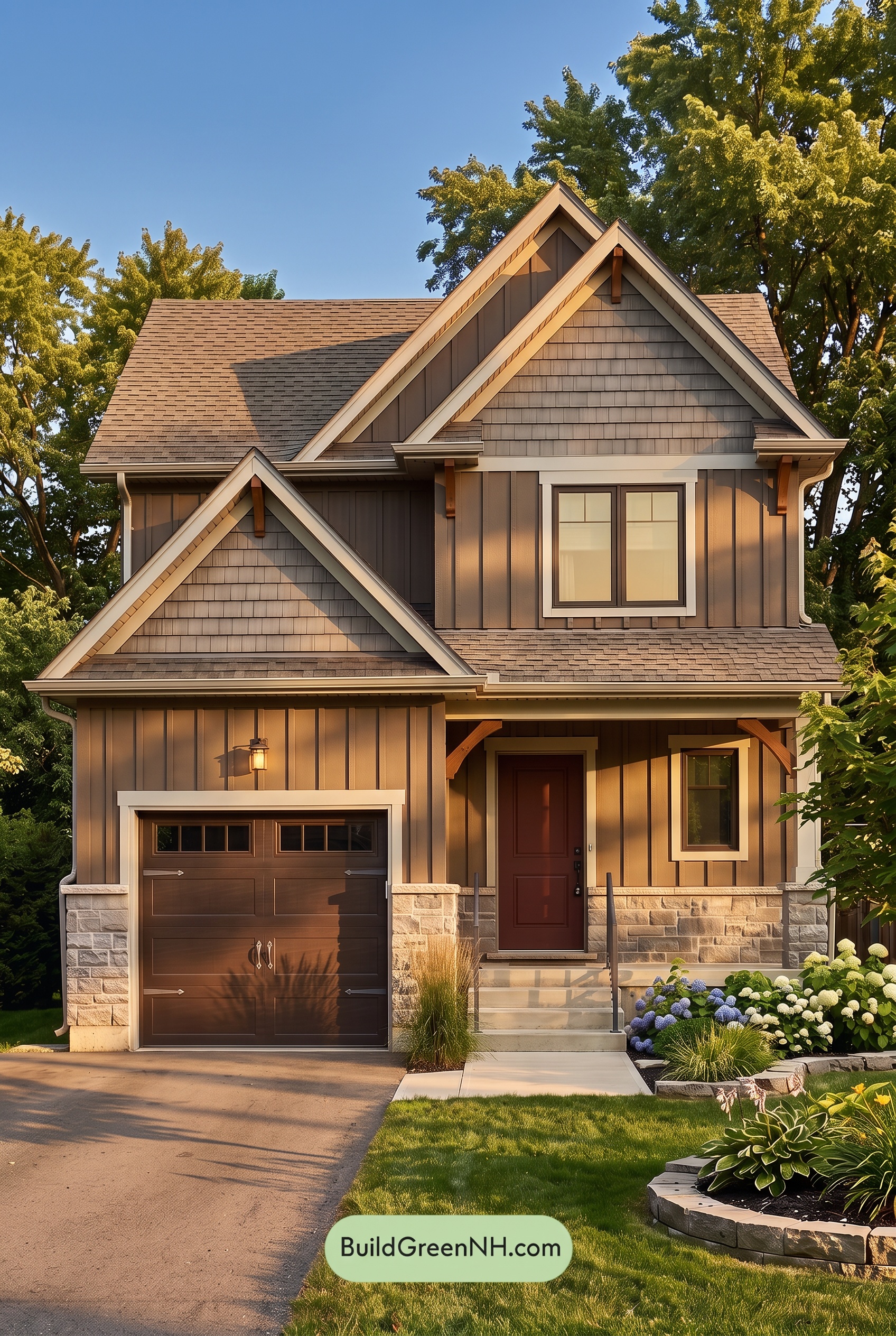 Dark Brown House Exterior Color Scheme: Cocoa Pewter Gables - Golden Hour