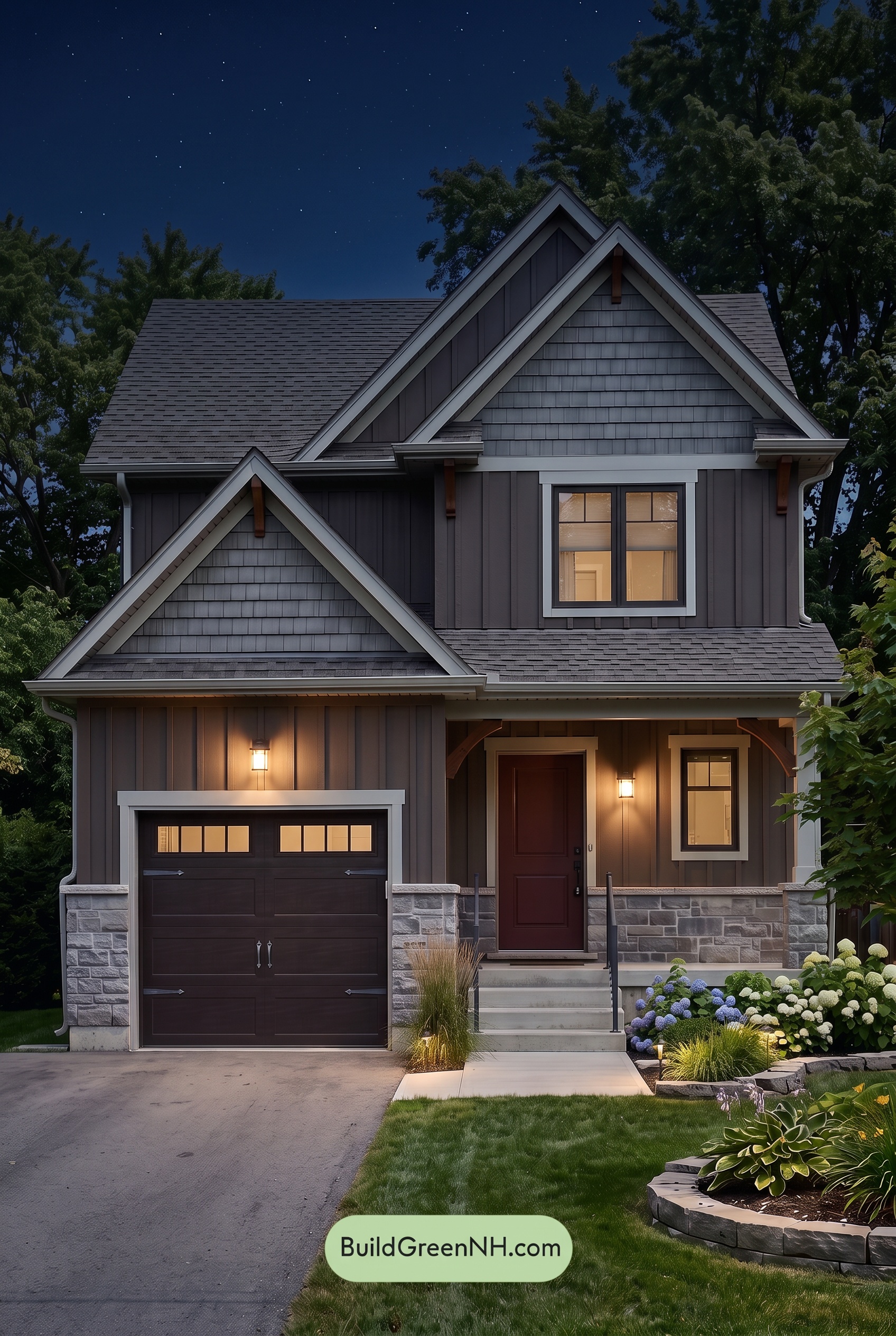 Dark Brown House Exterior Color Scheme: Cocoa Pewter Gables - Nighttime