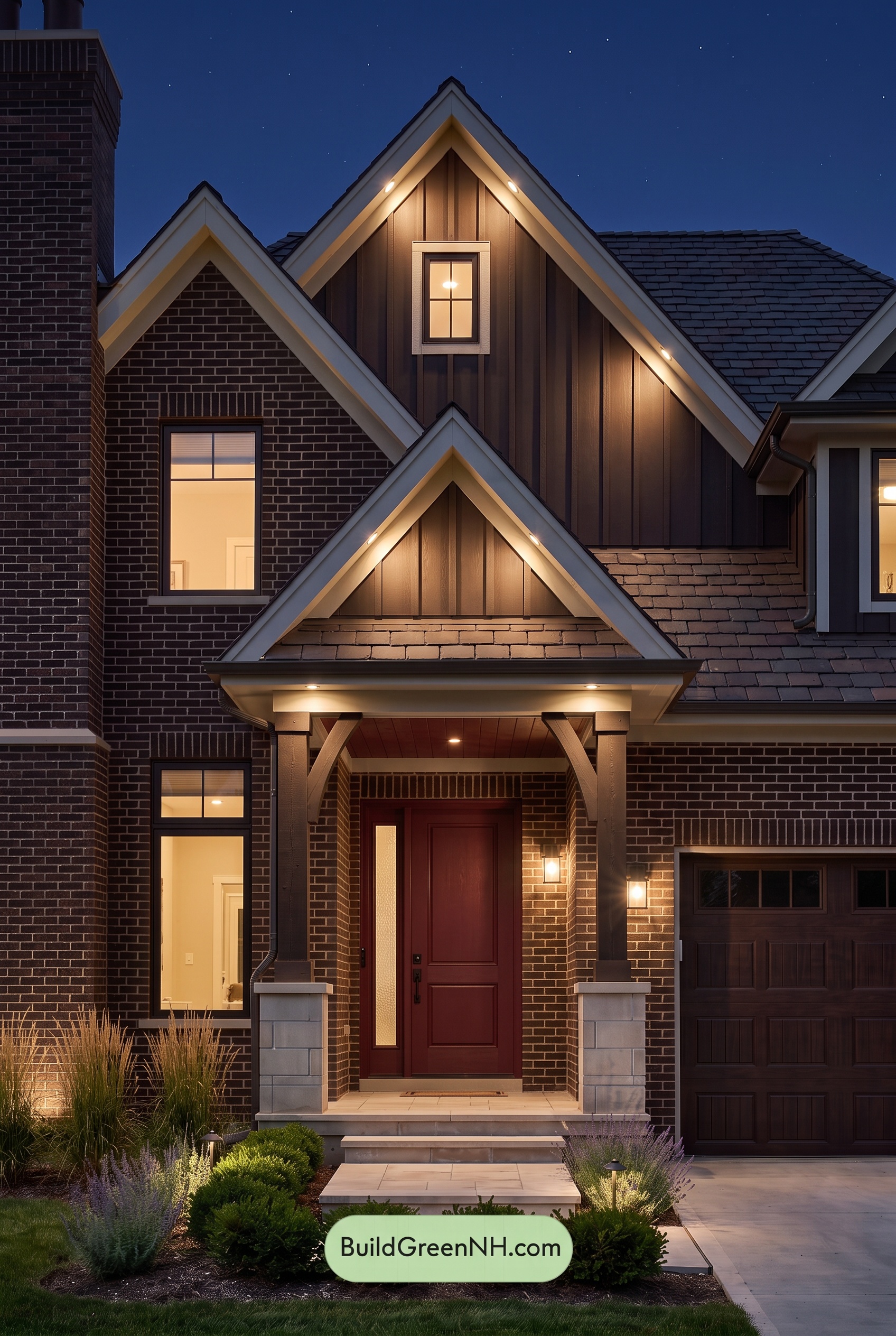 Dark Brown House Exterior Color Scheme: Crimson Eaves - Nighttime