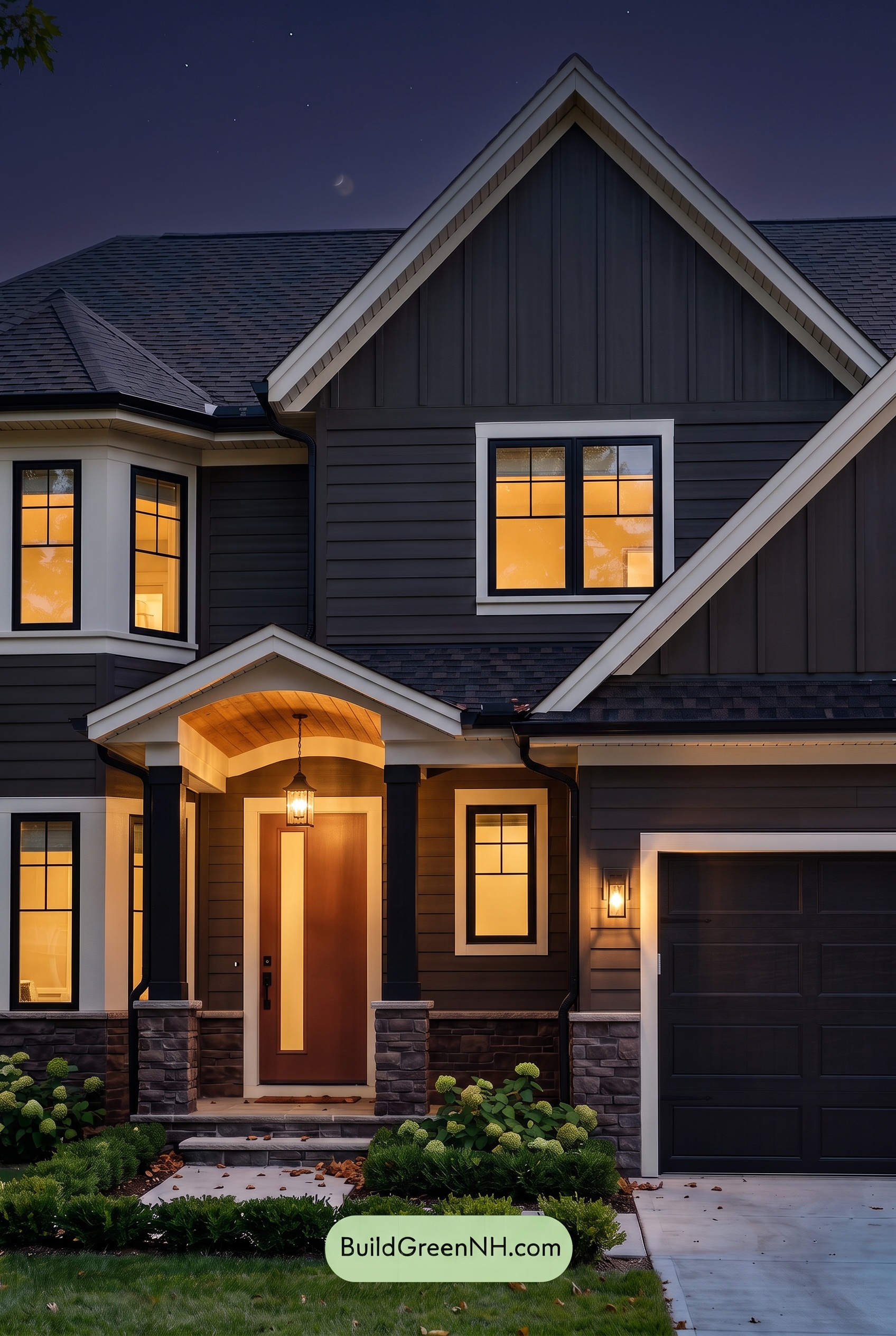 Dark Brown House Exterior Color Scheme: Espresso Porchlight - Nighttime