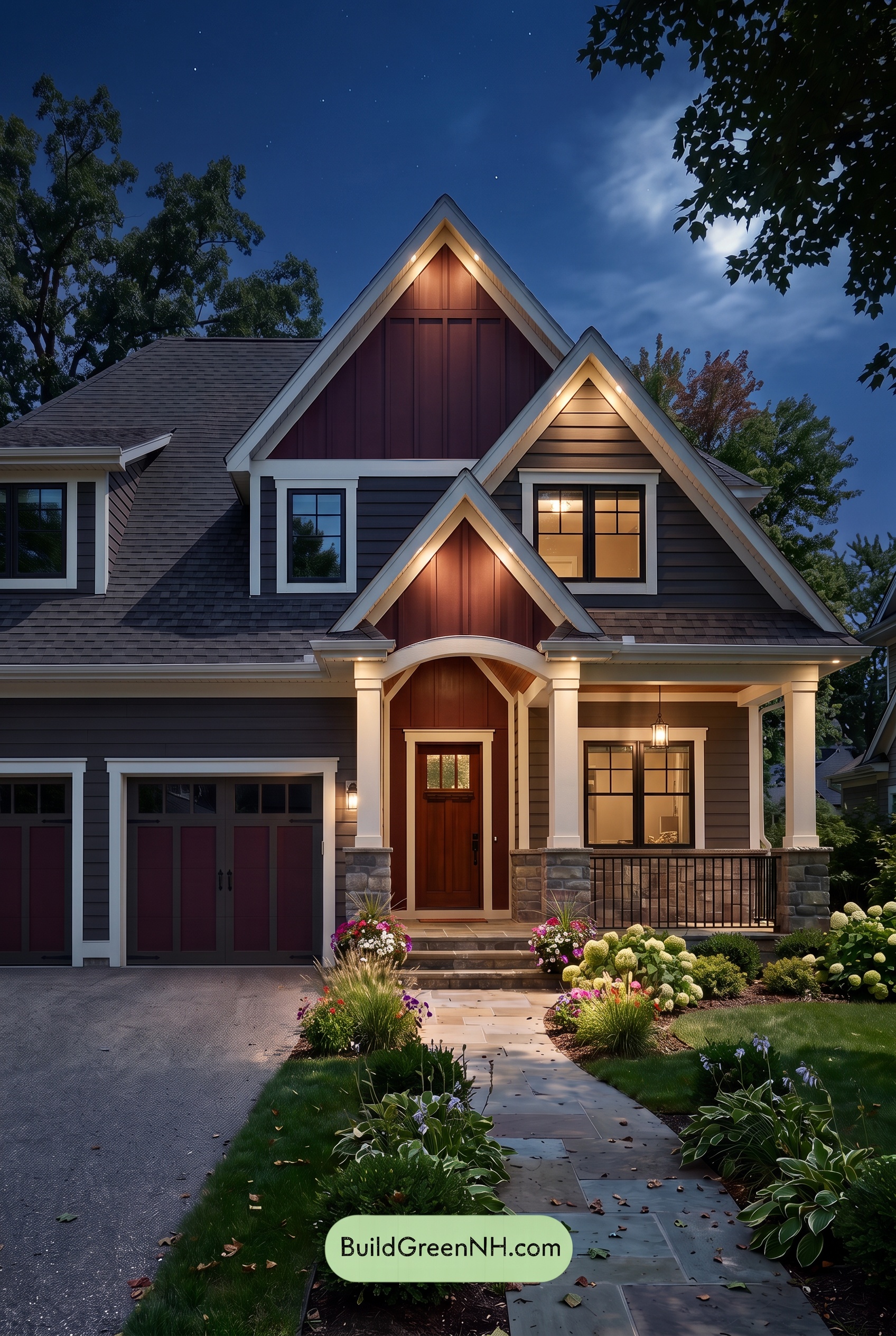 Dark Brown House Exterior Color Scheme: Hearthglow Arrival - Nighttime