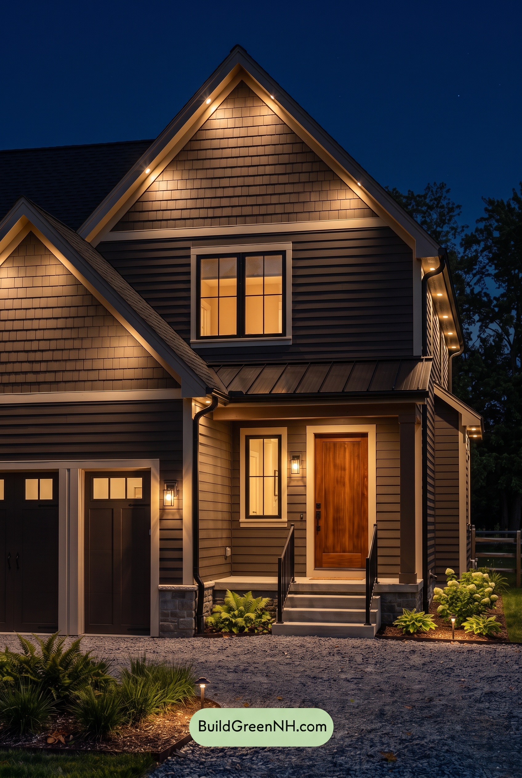 Dark Brown House Exterior Color Scheme: Minkwood Threshold - Nighttime