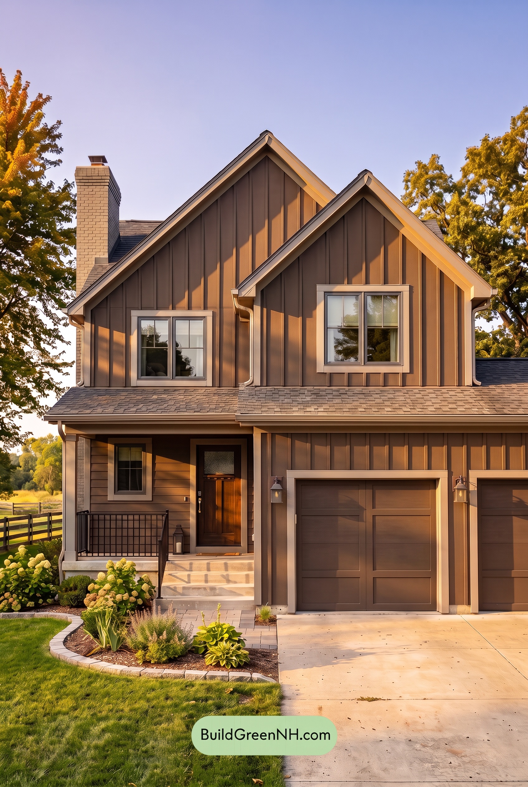 Dark Brown House Exterior Color Scheme: Mocha Ashstone Entry - Golden Hour